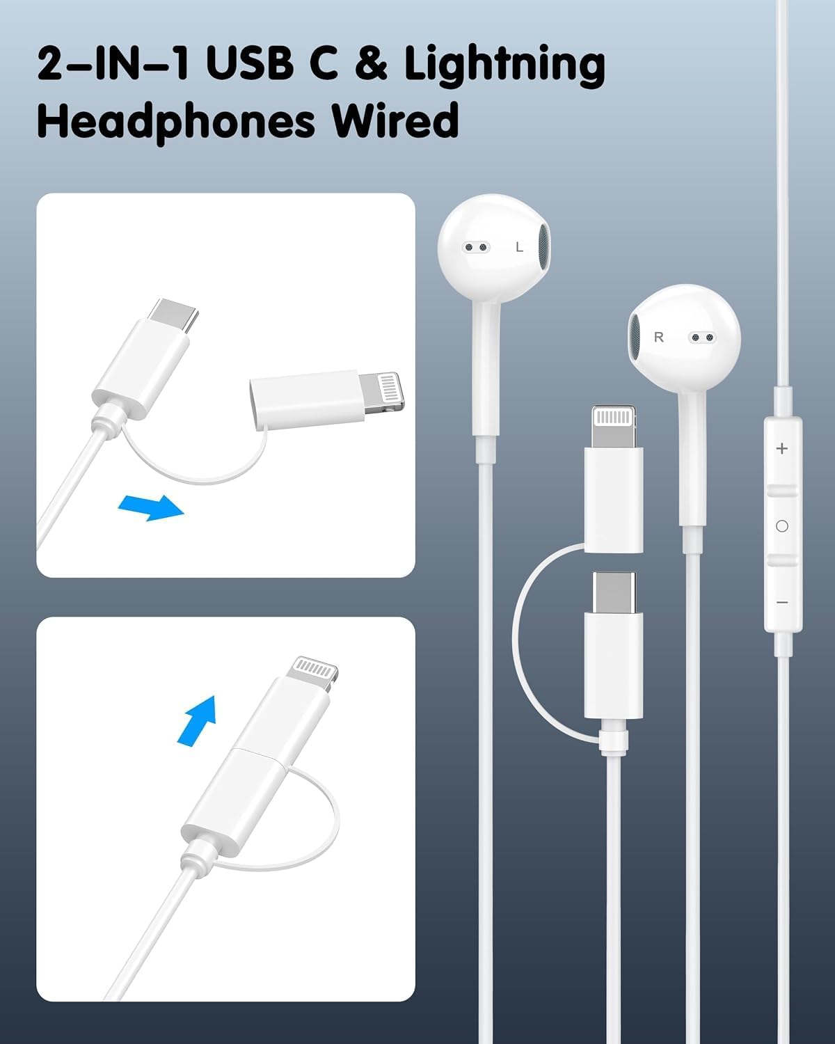 AUDÍFONOS CON CABLE 2 EN 1 CREHAO PARA IPHONE Y USB-C - 5