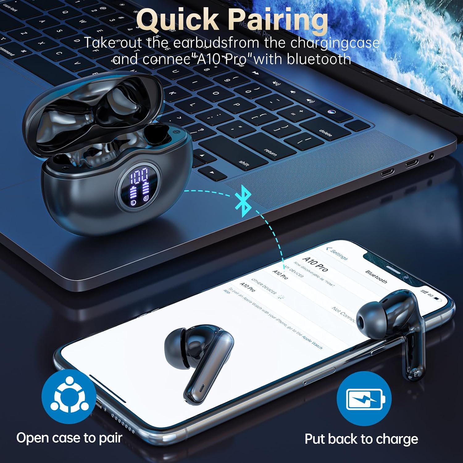 AUDÍFONOS INALÁMBRICOS FHUMSH A10 BLUETOOTH 6.0 TRUE WIRELESS NEGRO - 2