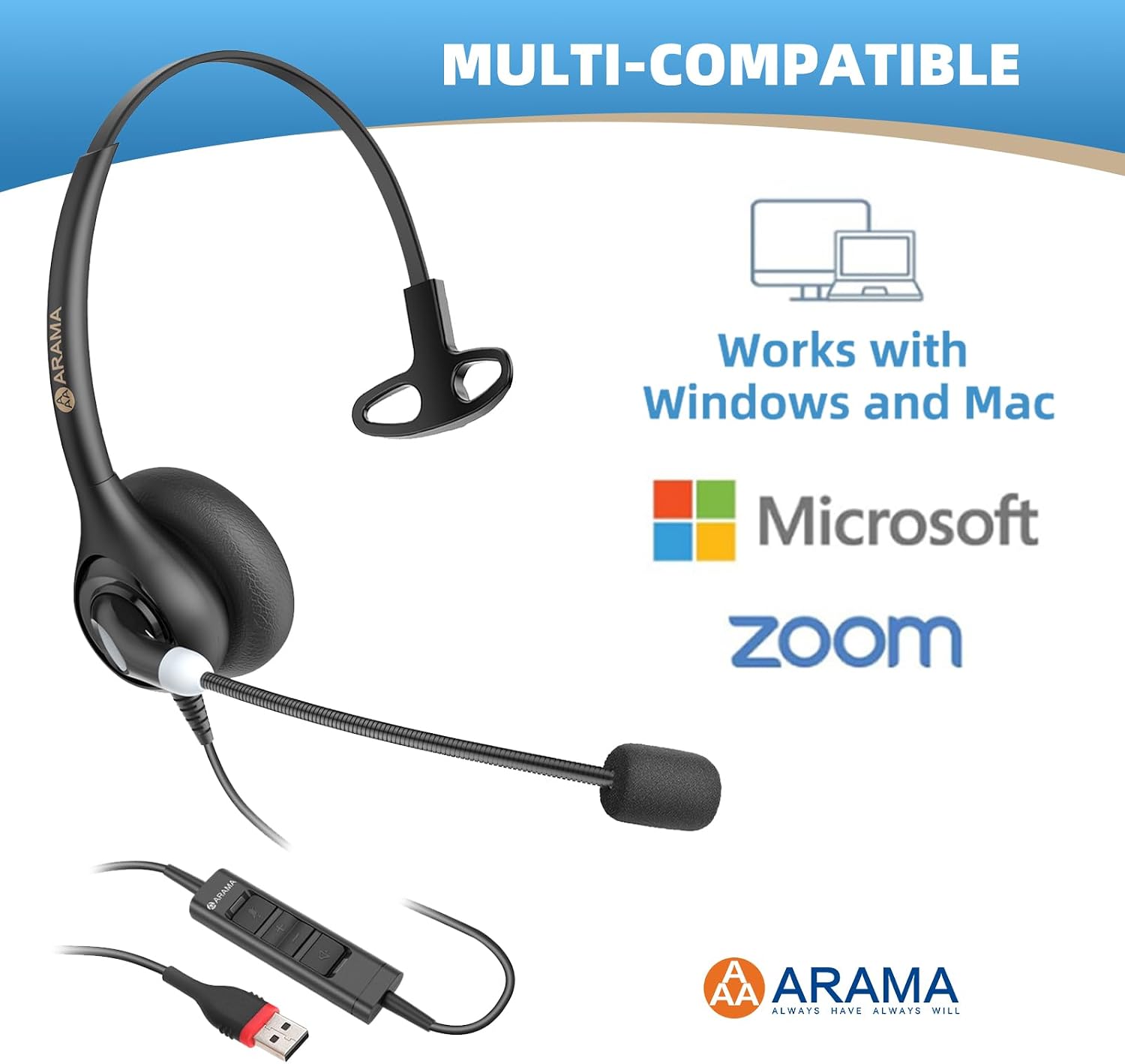 HEADSET USB CON MICRÓFONO ARAMA A600MONO - 3