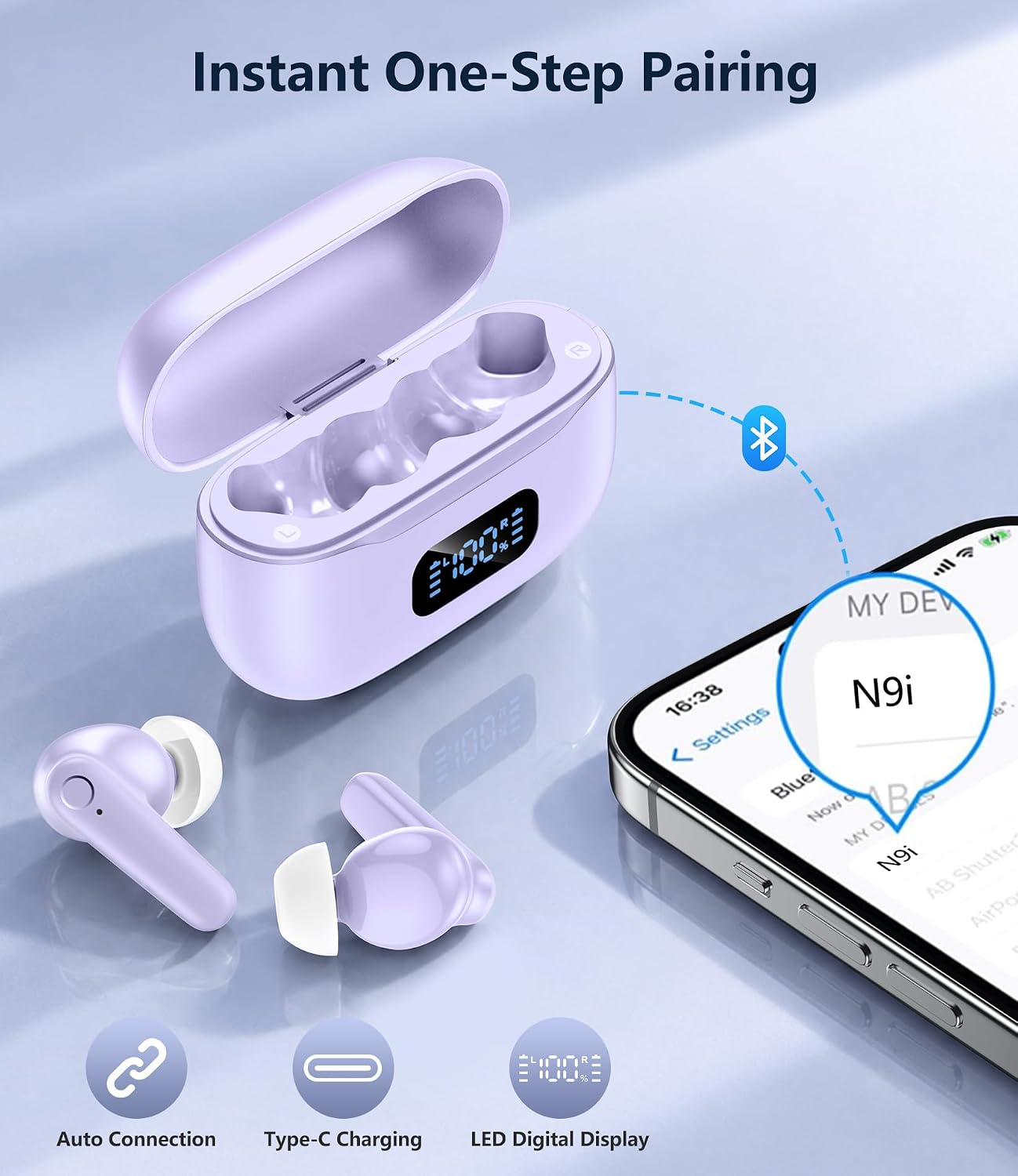 AUDÍFONOS INALÁMBRICOS MOZOTER N9I BLUETOOTH 5.4 TRUE WIRELESS MORADO - 5