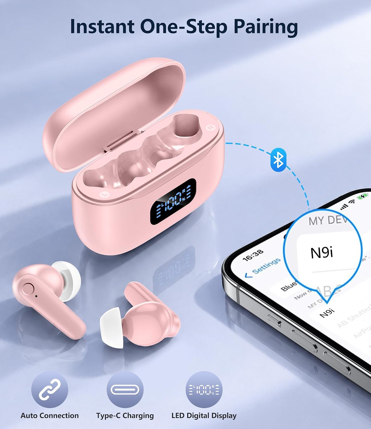 AUDÍFONOS INALÁMBRICOS MOZOTER N9I BLUETOOTH 5.4 TRUE WIRELESS ROSA - 5