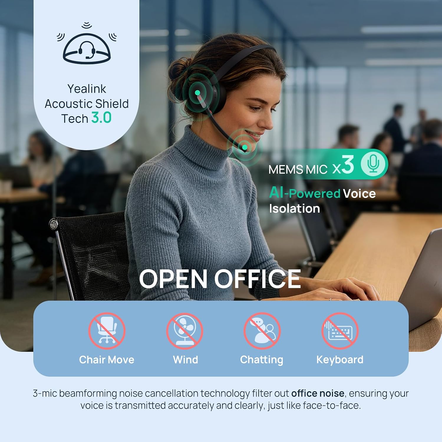 HEADSET BLUETOOTH MONO YEALINK BH70 TEAMS CON MICRÓFONO AI PARA PC - 2
