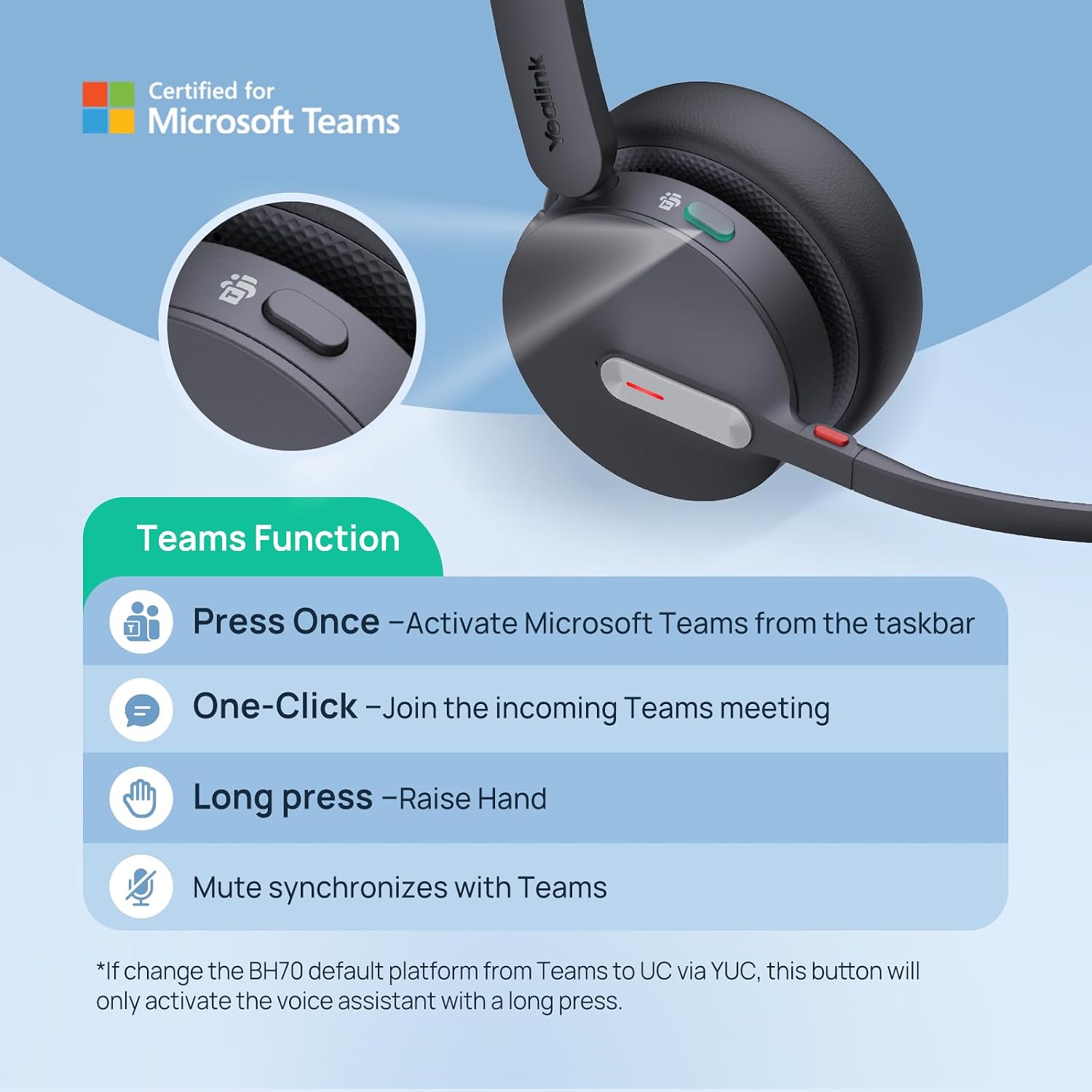 HEADSET BLUETOOTH MONO YEALINK BH70 TEAMS CON MICRÓFONO AI PARA PC - 4