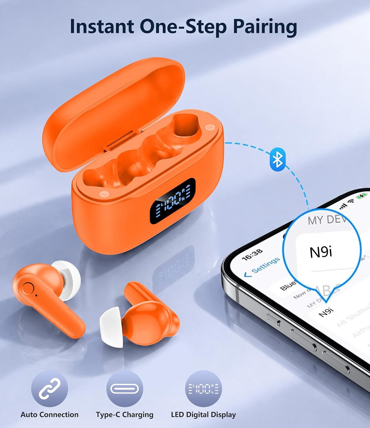 AUDÍFONOS INALÁMBRICOS MOZOTER N9I BLUETOOTH 5.4 TRUE WIRELESS NARANJA - 5