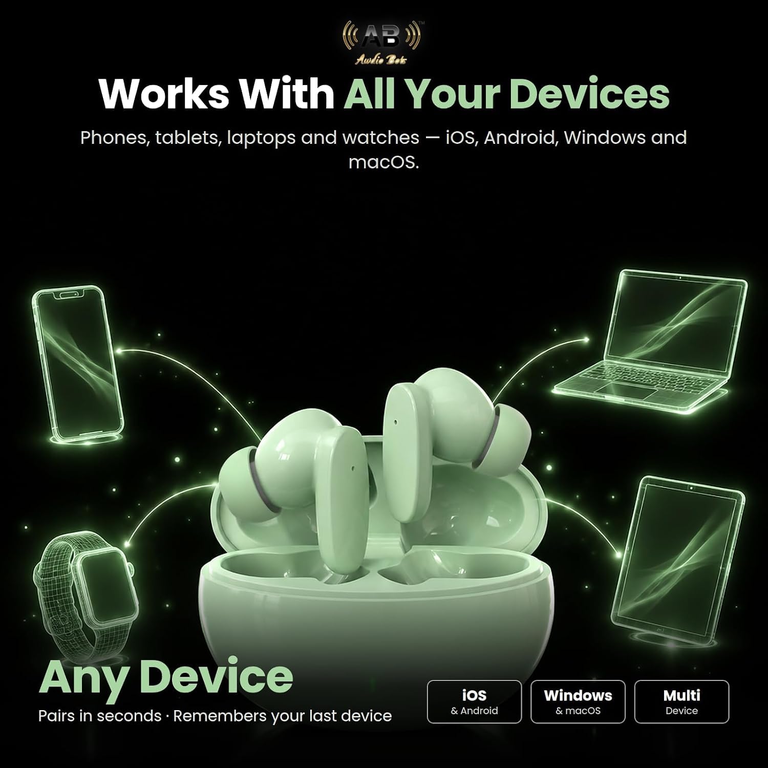 AUDÍFONOS INALÁMBRICOS AWDIO BOTS EVERYDAY SERIES BLUETOOTH TRUE WIRELESS MATCHA GREEN - 5