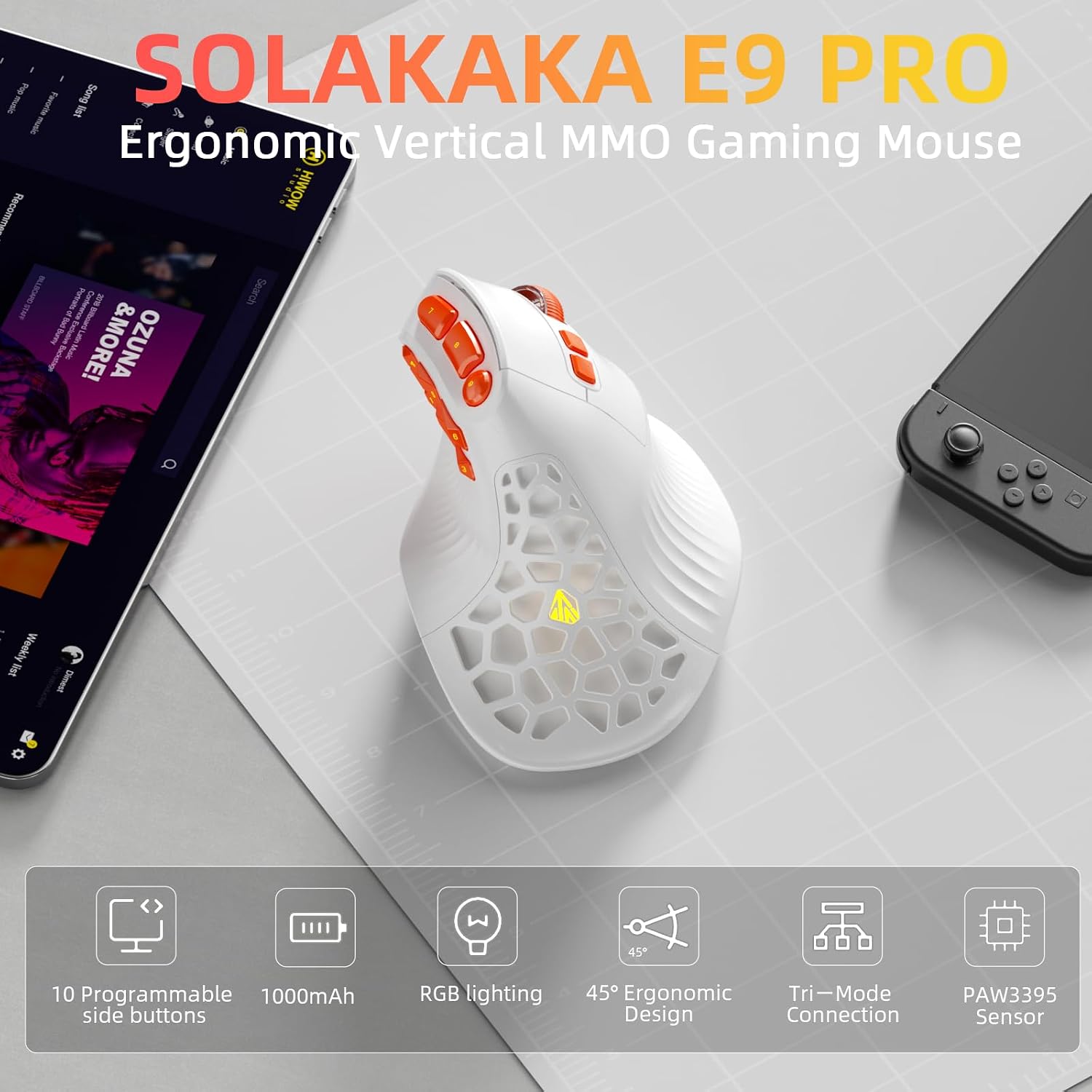 MOUSE ERGONÓMICO VERTICAL SOLAKAKA E9 PRO BLANCO CON DONGLE 8K - 2