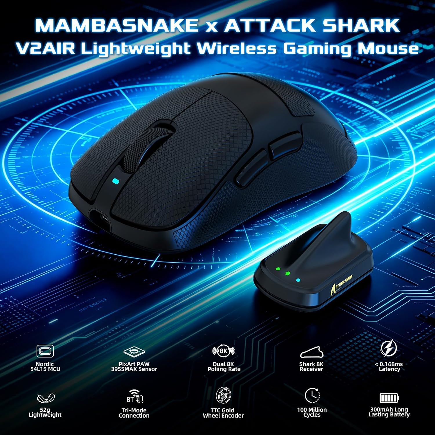 MOUSE INALÁMBRICO PARA GAMING MAMBASNAKE ATTACK SHARK V2 AIR 8K 52G NEGRO - 2