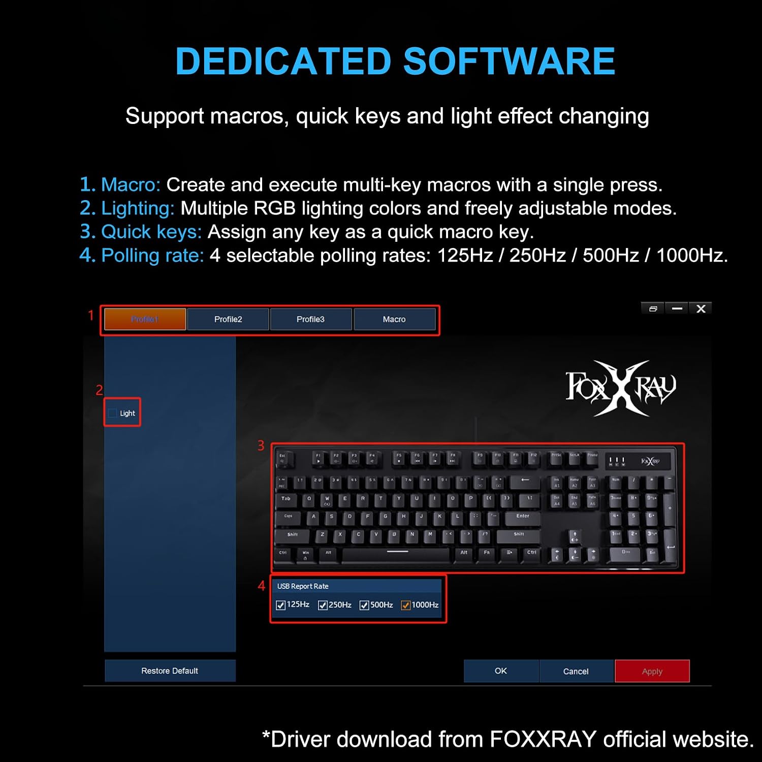TECLADO MECÁNICO FOXXRAY HKM-88 FULL-SIZE CON TECLAS PERSONALIZABLES Y RETROILUMINACIÓN RGB - 5