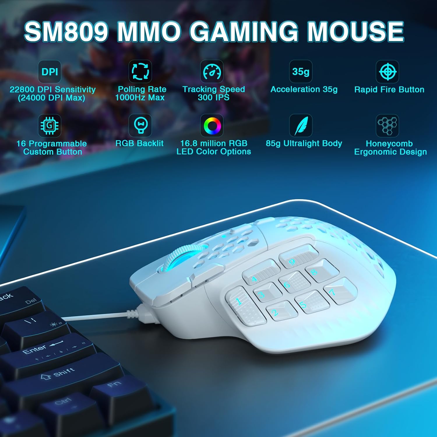 MOUSE GAMING CABLEADO SOLAKAKA SM809 BLANCO - 3