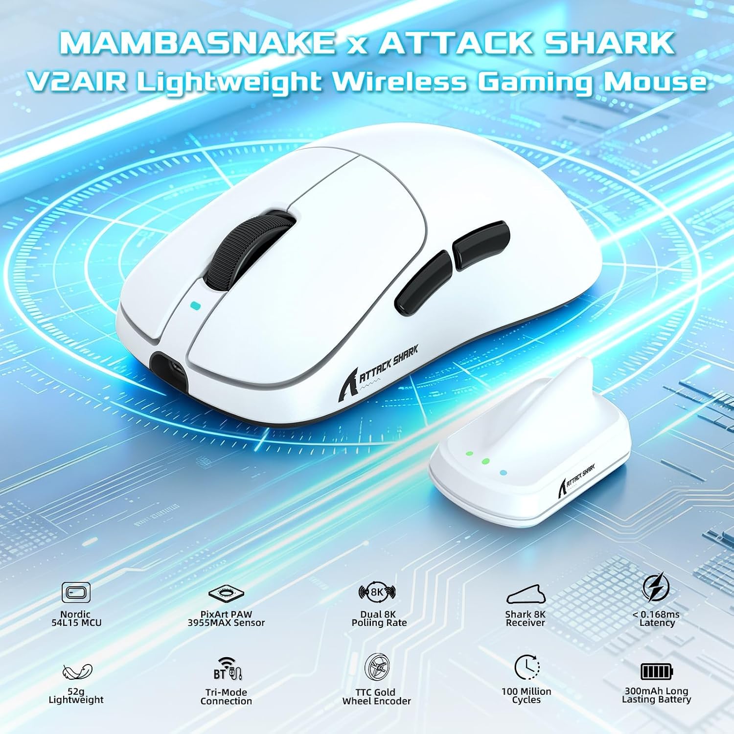 MOUSE INALÁMBRICO PARA GAMING MAMBASNAKE ATTACK SHARK V2 AIR 60K DPI BLANCO - 2