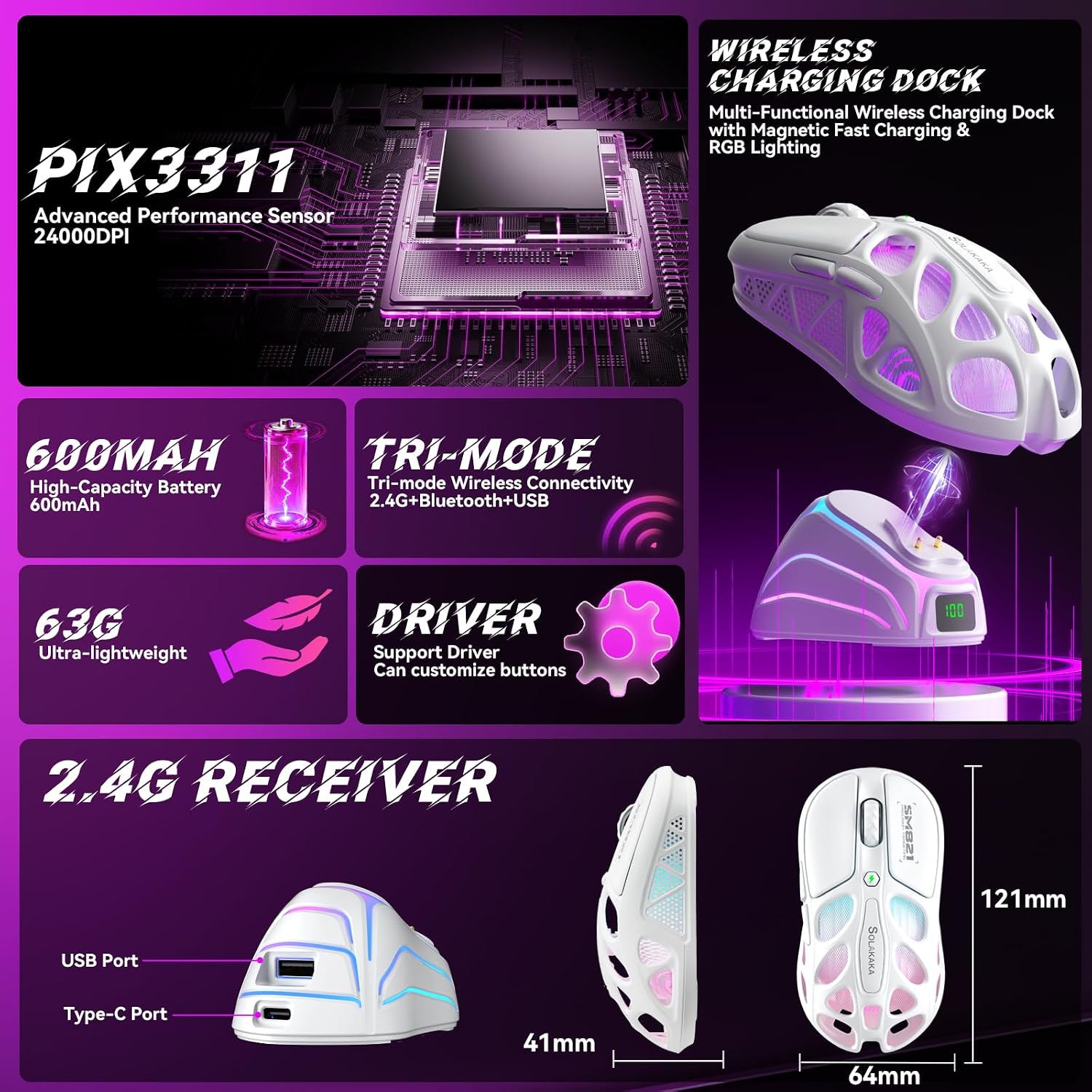 MOUSE GAMING INALÁMBRICO STRIKONX SOLAKAKA SM821 CON BASE MAGNÉTICA DE CARGA - 3