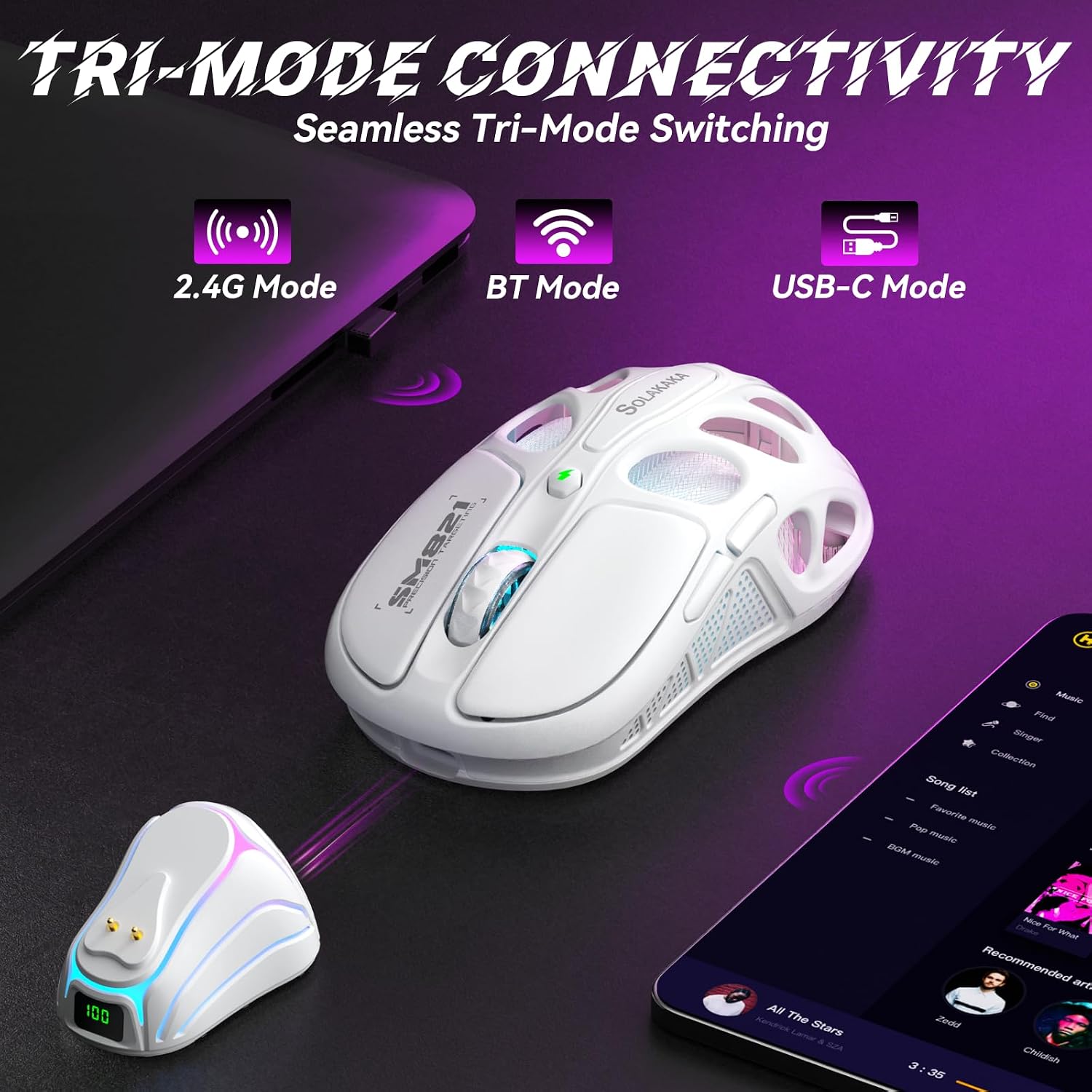 MOUSE GAMING INALÁMBRICO STRIKONX SOLAKAKA SM821 CON BASE MAGNÉTICA DE CARGA - 5