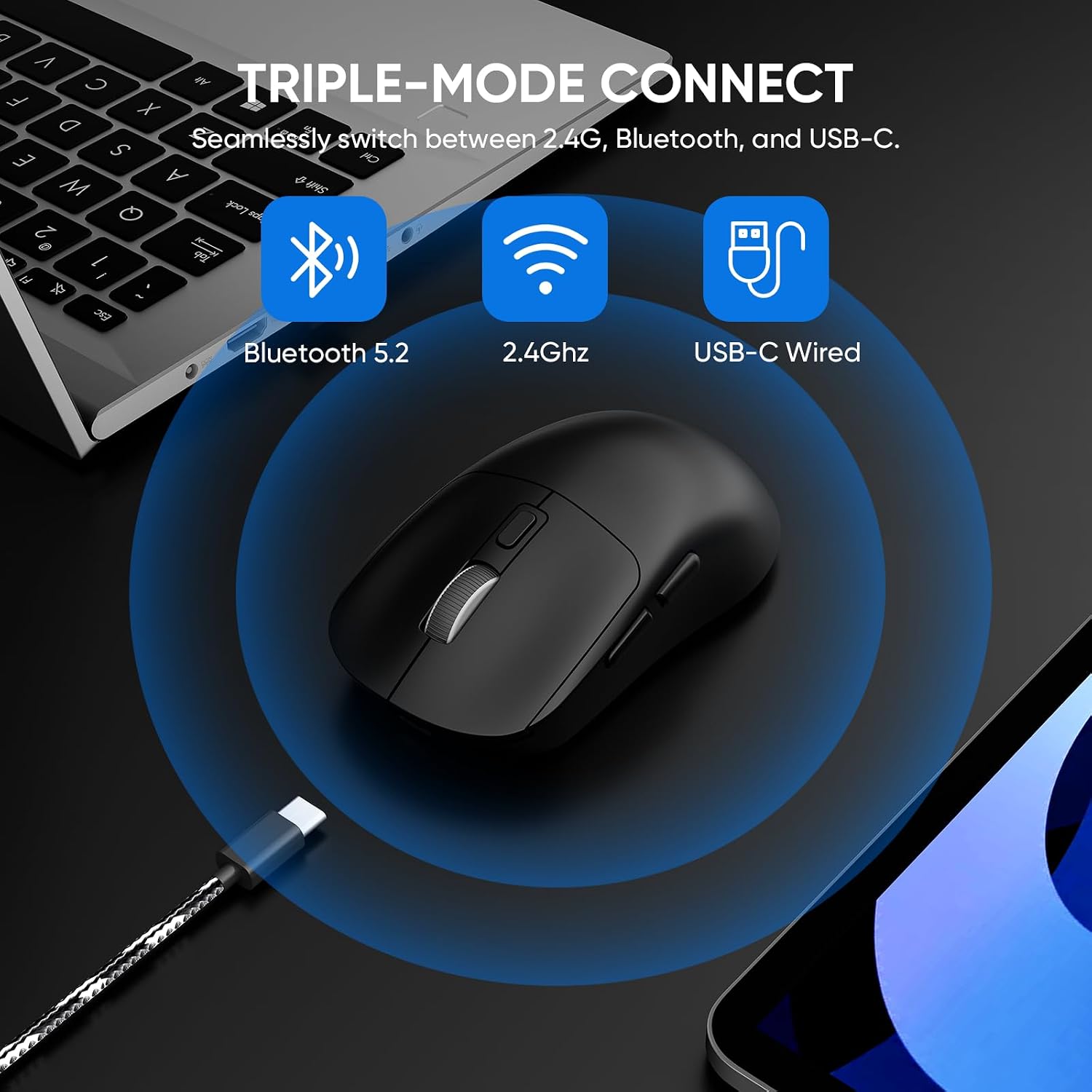 MOUSE GAMER INALÁMBRICO MELOGAGA WIRELESS BLUETOOTH/2.4G/USB-C 8 DPI NEGRO - 2
