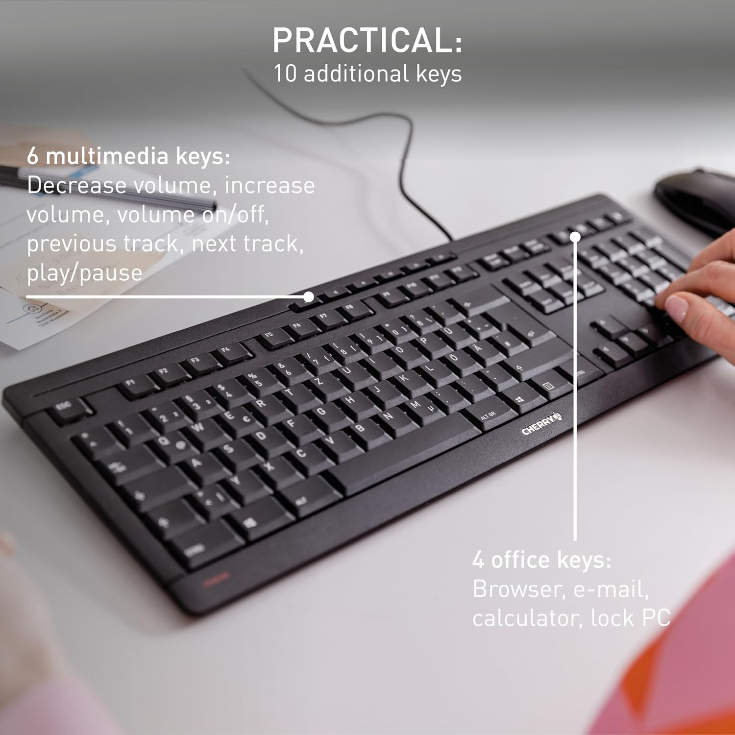 TECLADO CHERRY STREAM CON CABLE, TECLAS SILENCIOSAS, COLOR NEGRO - 3