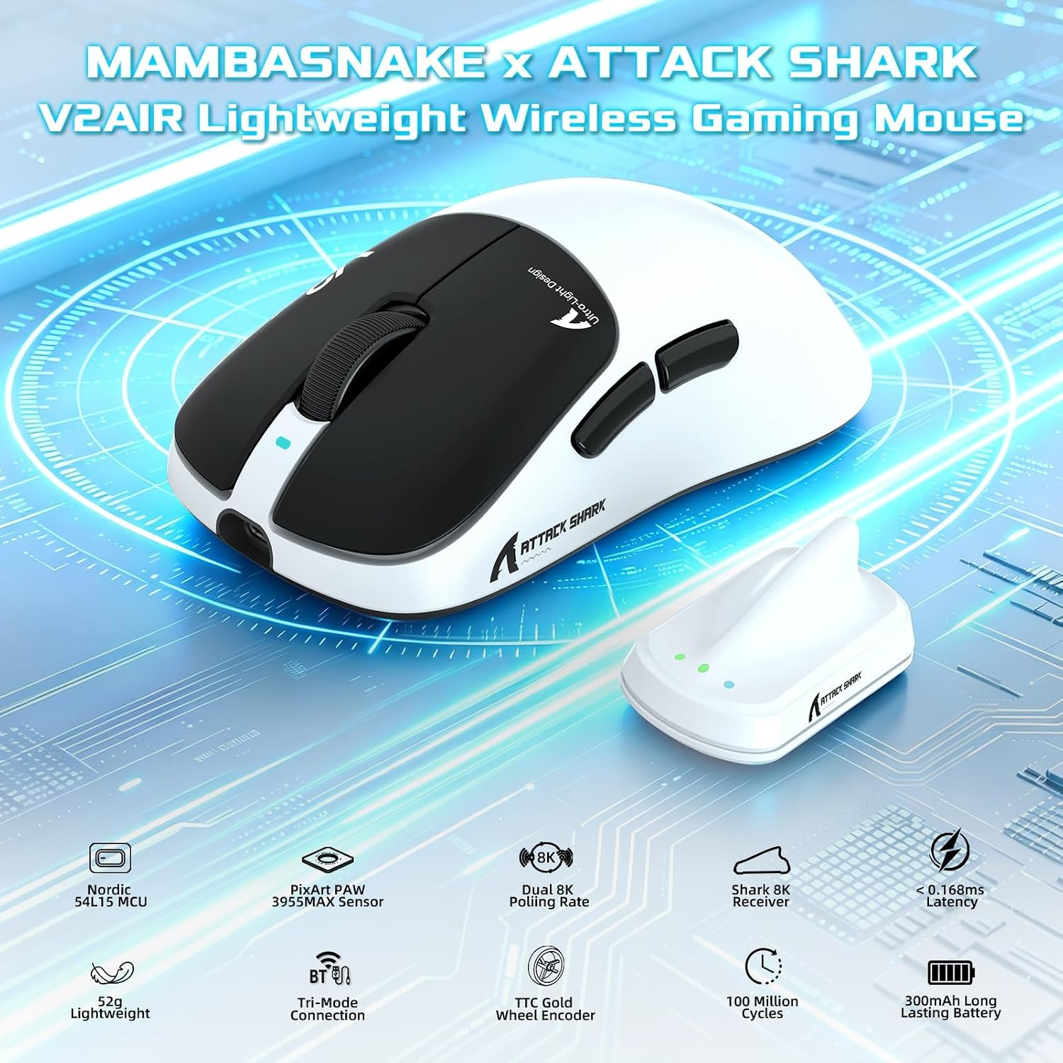 MOUSE INALÁMBRICO PARA GAMING MAMBASNAKE ATTACK SHARK V2 AIR 8K 52G 60K DPI - 2