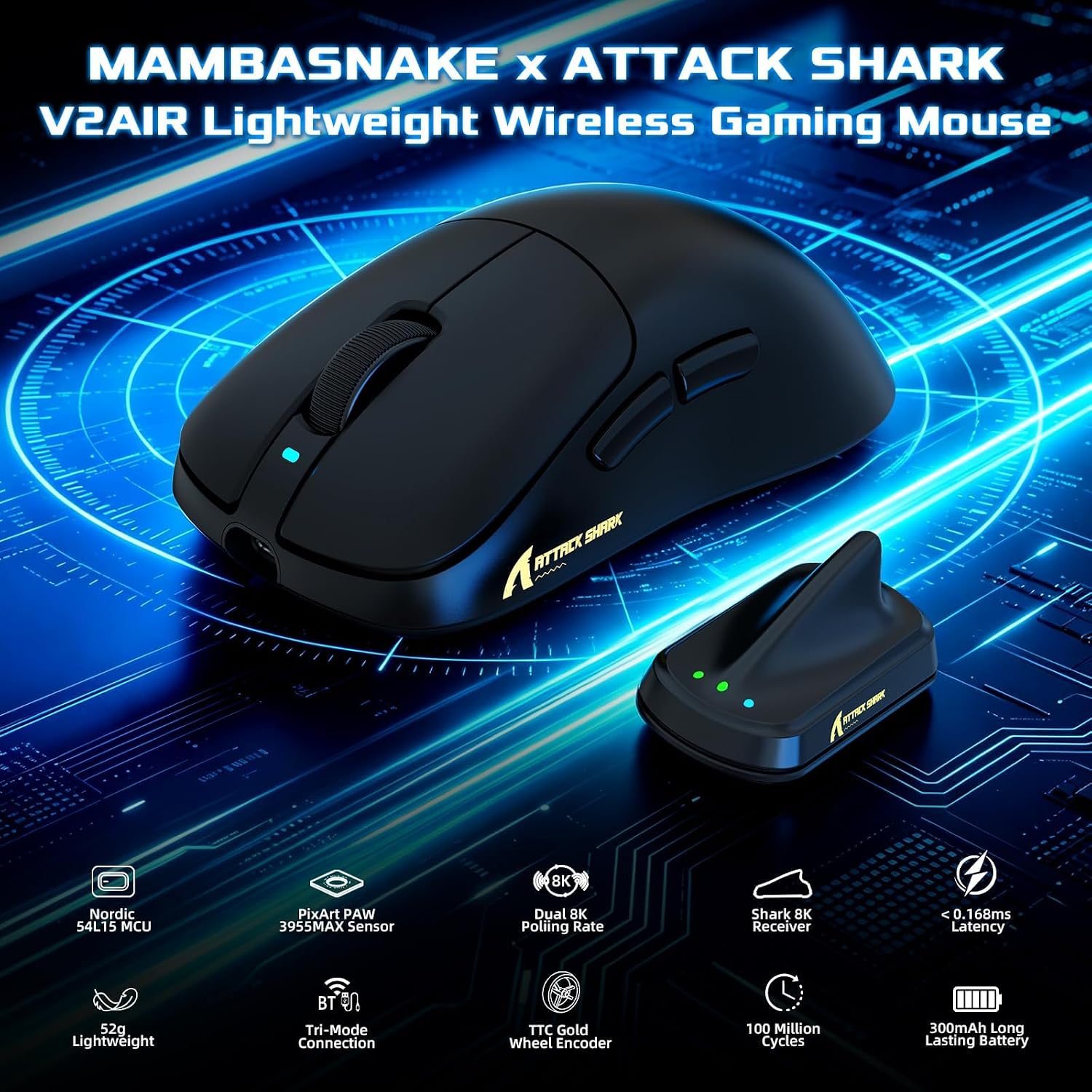 MOUSE INALÁMBRICO PARA GAMING MAMBASNAKE ATTACK SHARK V2 AIR 8K 52G NEGRO - 2