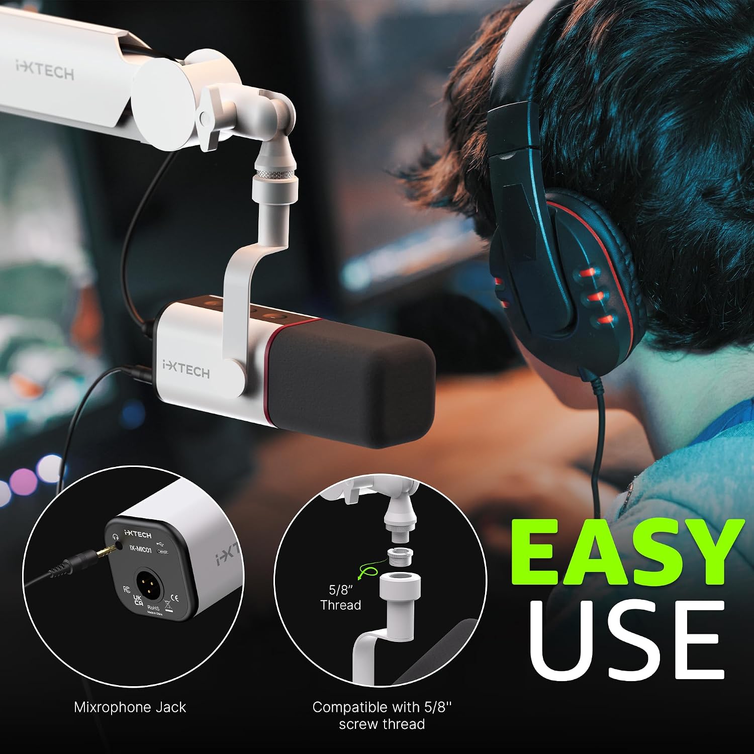 MICRÓFONO DINÁMICO CARDIOIDE IXTECH CON CUBIERTA, USB Y XLR BLANCO - 5