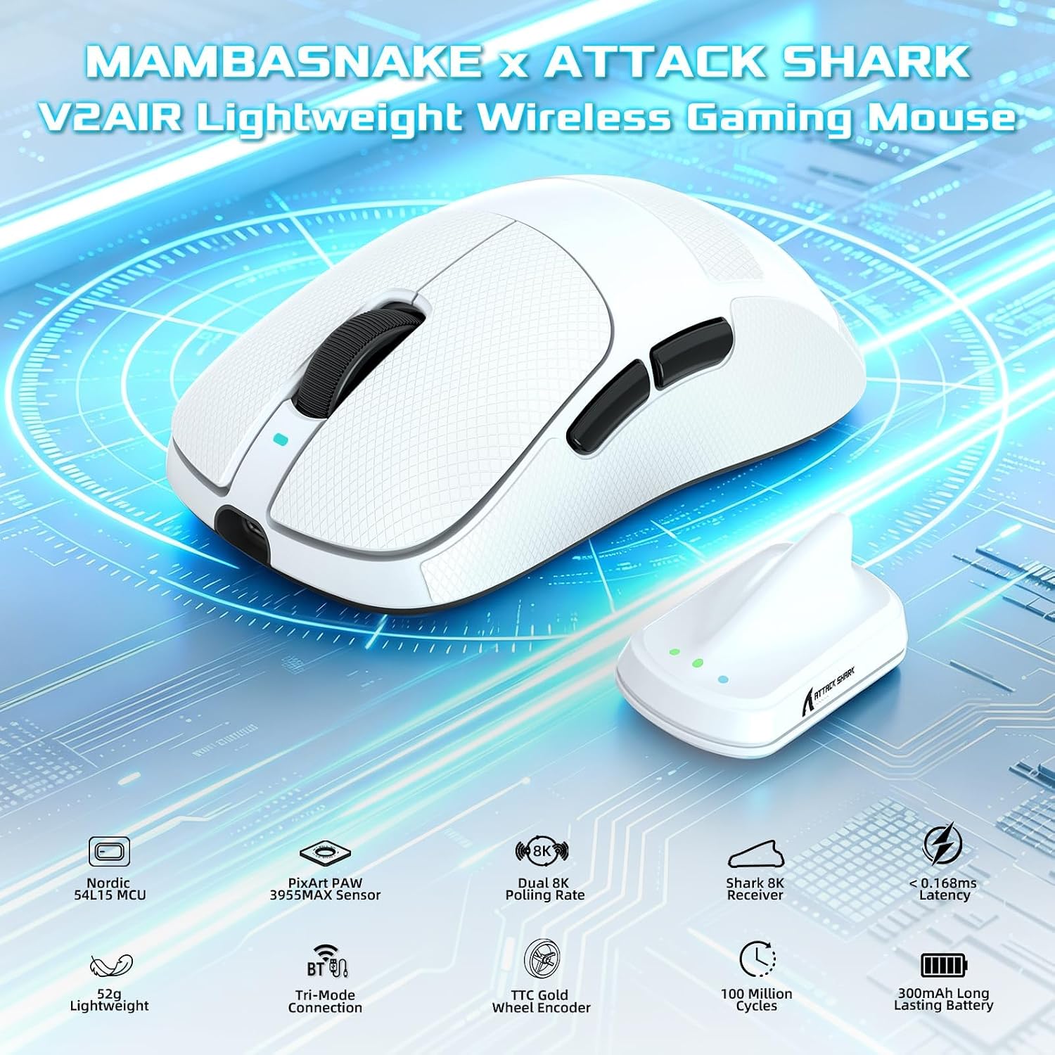 MOUSE INALÁMBRICO PARA GAMING MAMBASNAKE X ATTACK SHARK V2 AIR 60K DPI BLANCO - 2