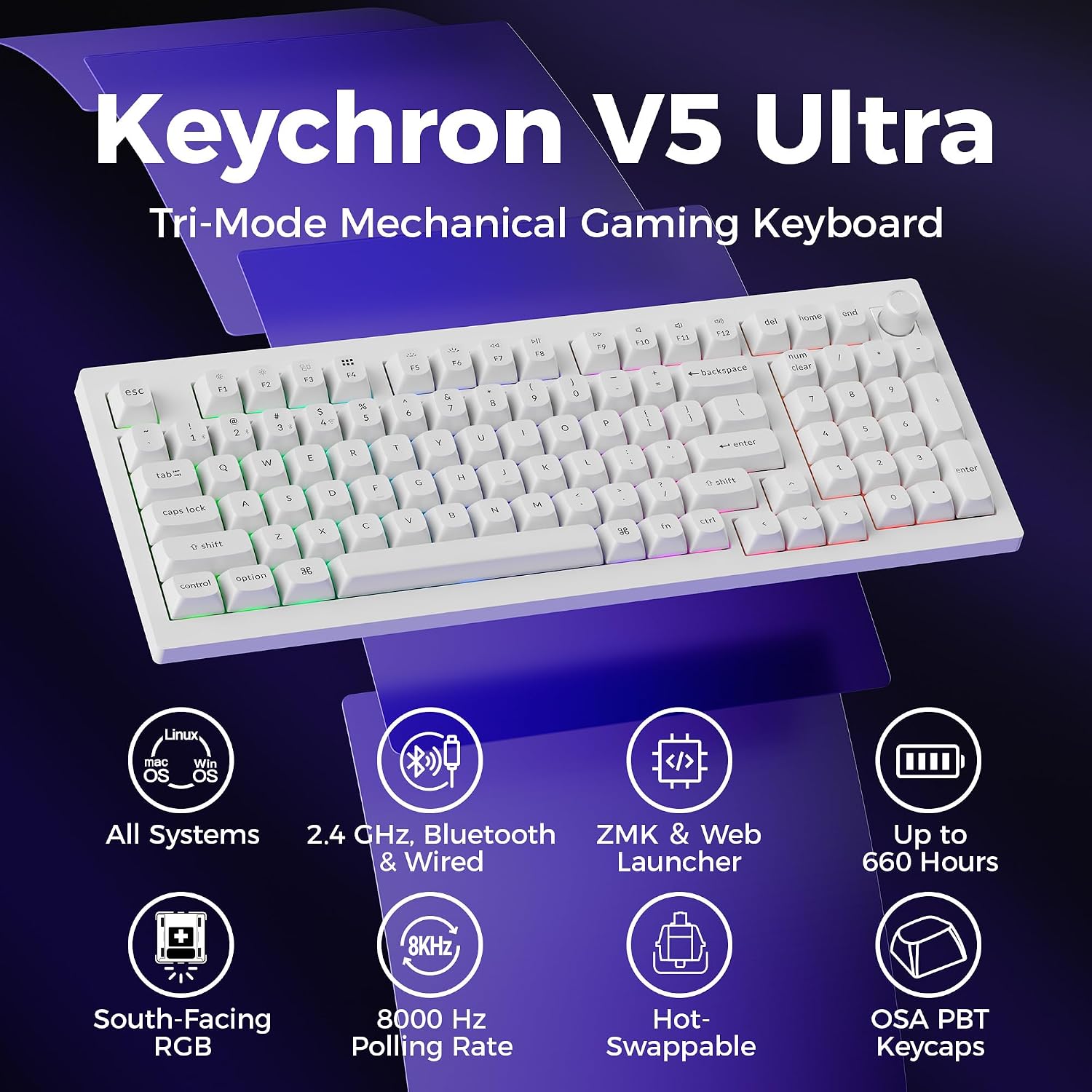 TECLADO MECÁNICO INALÁMBRICO KEYCHRON V5 ULTRA 96% BROWN SWITCH BLANCO - 2