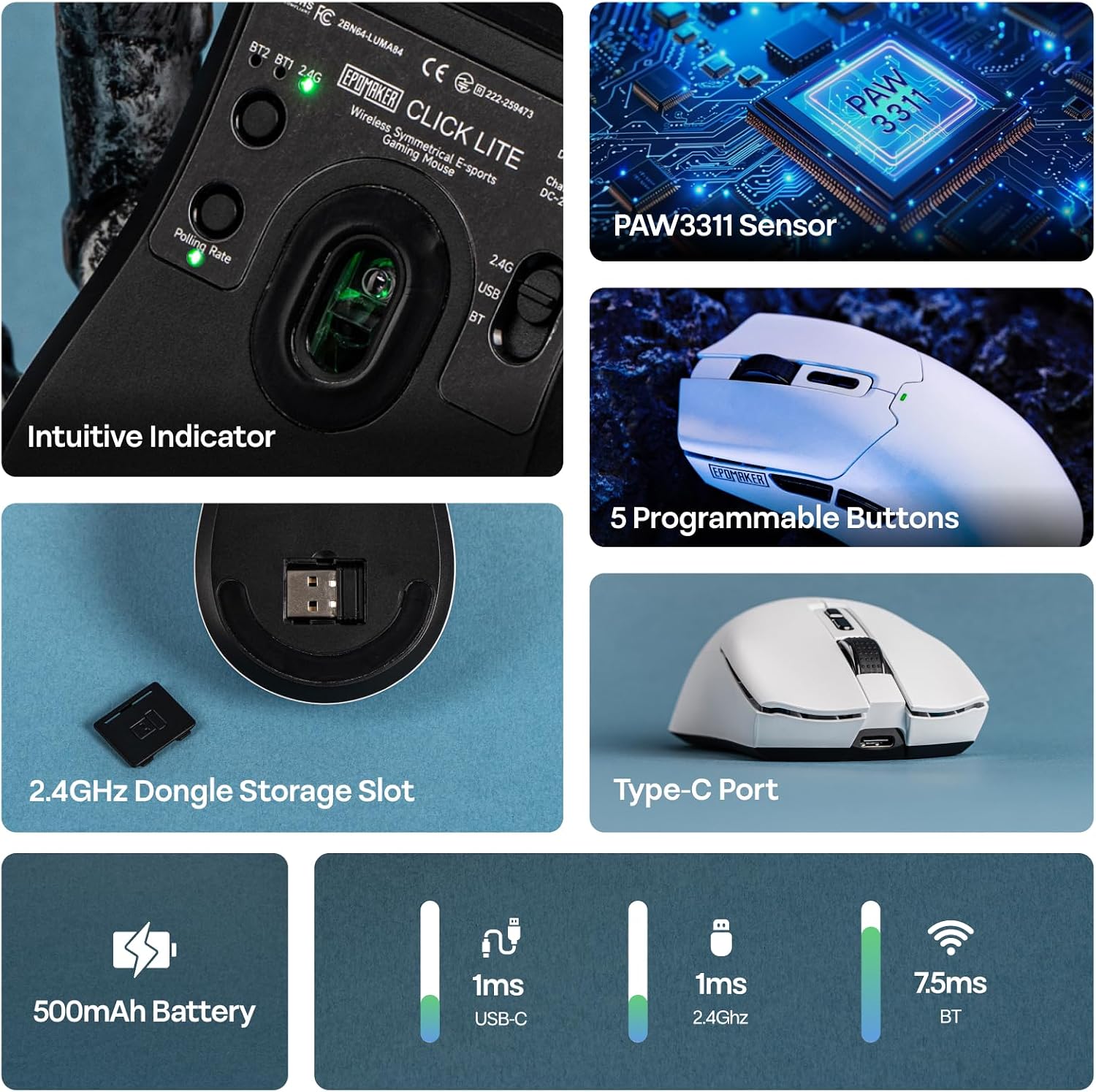 MOUSE GAMER EPOMAKER CLICK LITE WIRELESS BLANCO 12000 DPI - 3