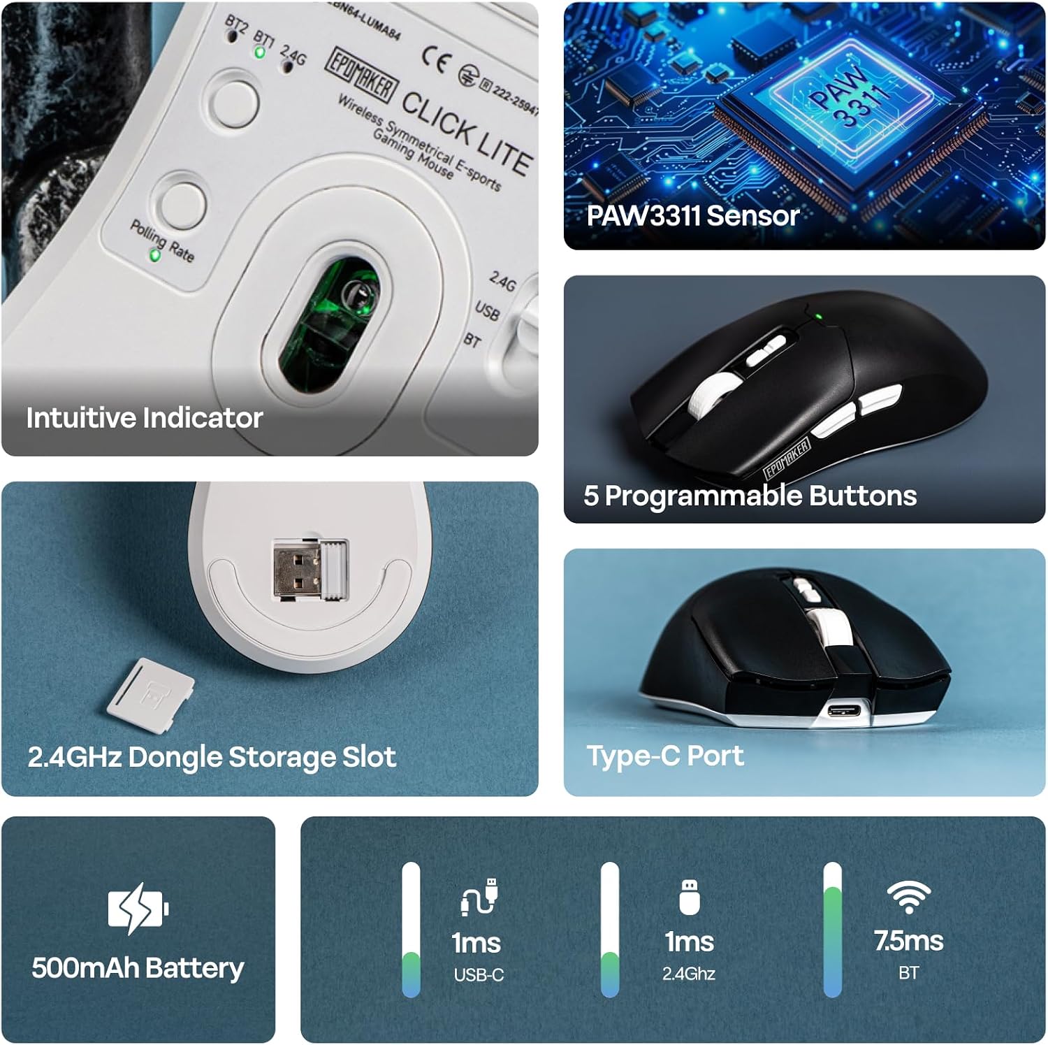 MOUSE GAMER EPOMAKER CLICK LITE INALÁMBRICO NEGRO 500MAH 59G - 3