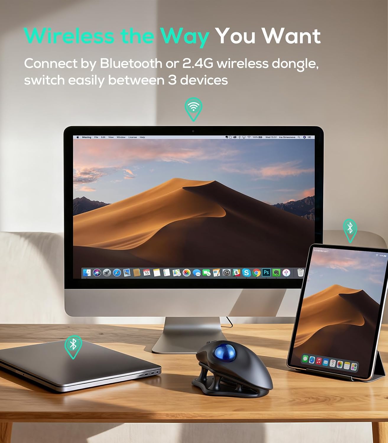 MOUSE INALÁMBRICO CON TRACKBALL ERGONÓMICO NULEA CON SOPORTE INCLINADO 21.7° - 5