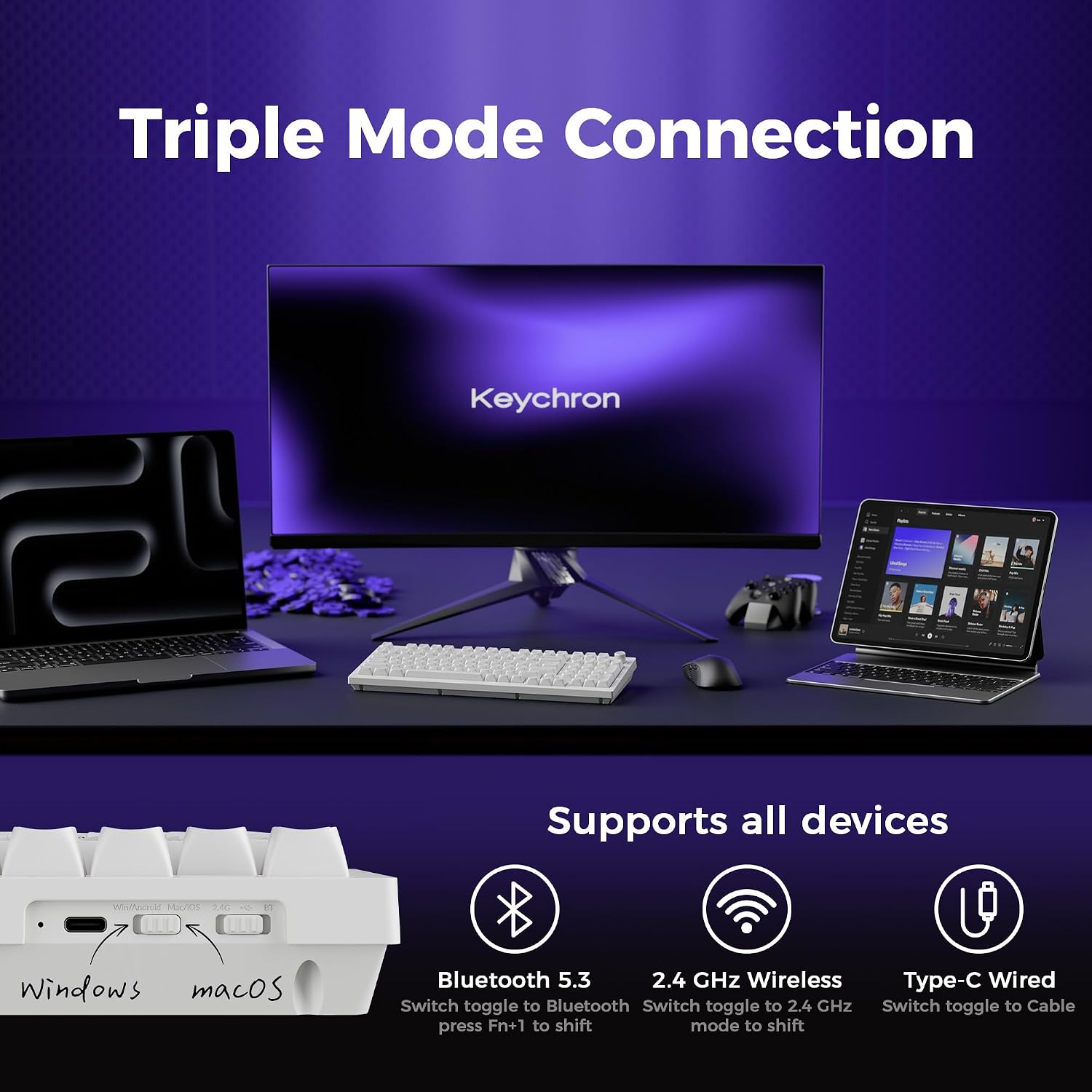 TECLADO MECÁNICO INALÁMBRICO KEYCHRON V5 ULTRA 96% RED SWITCH BLANCO - 3