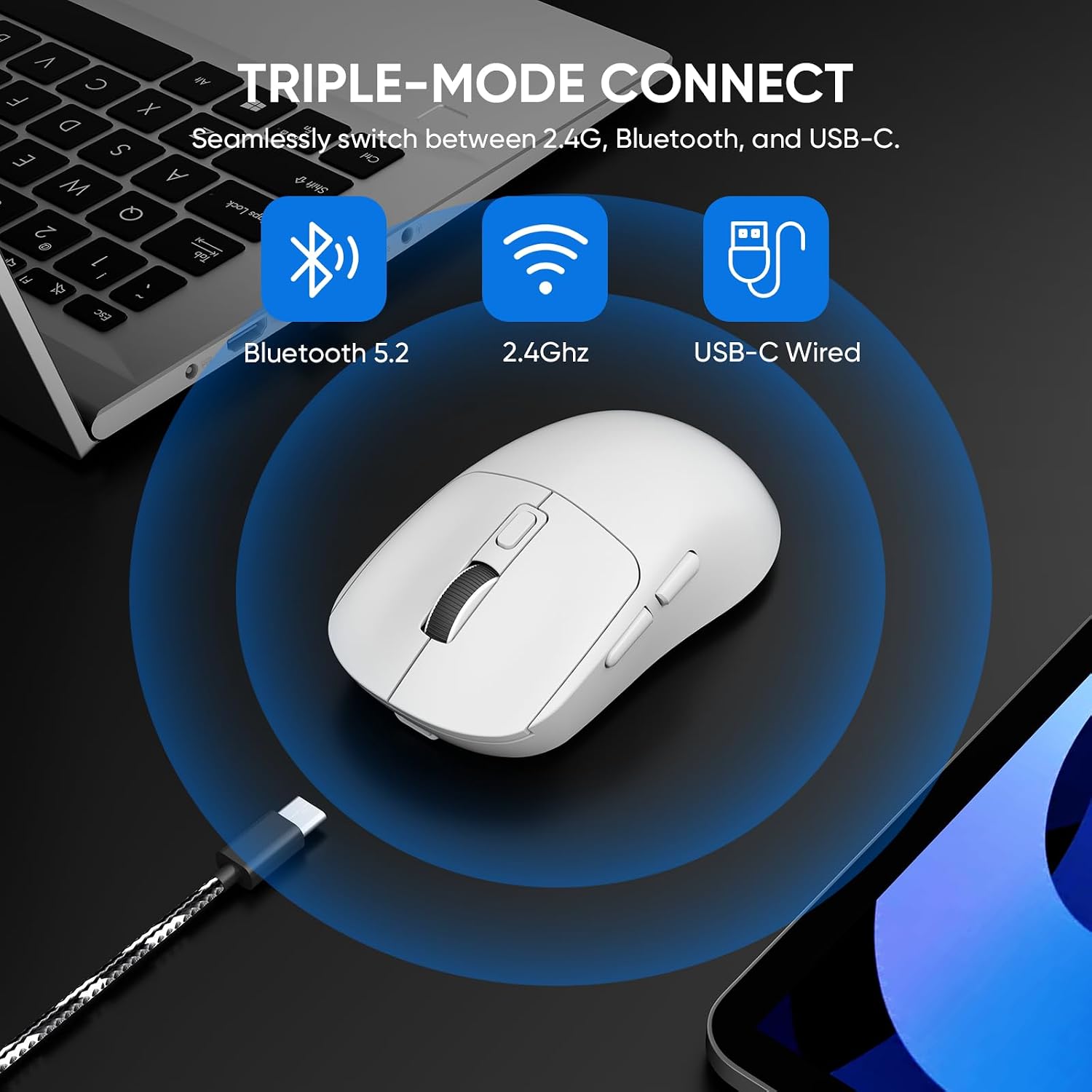 MOUSE GAMER MELOGAGA INALÁMBRICO BLUETOOTH/2.4G/USB-C 8 DPI BLANCO - 2