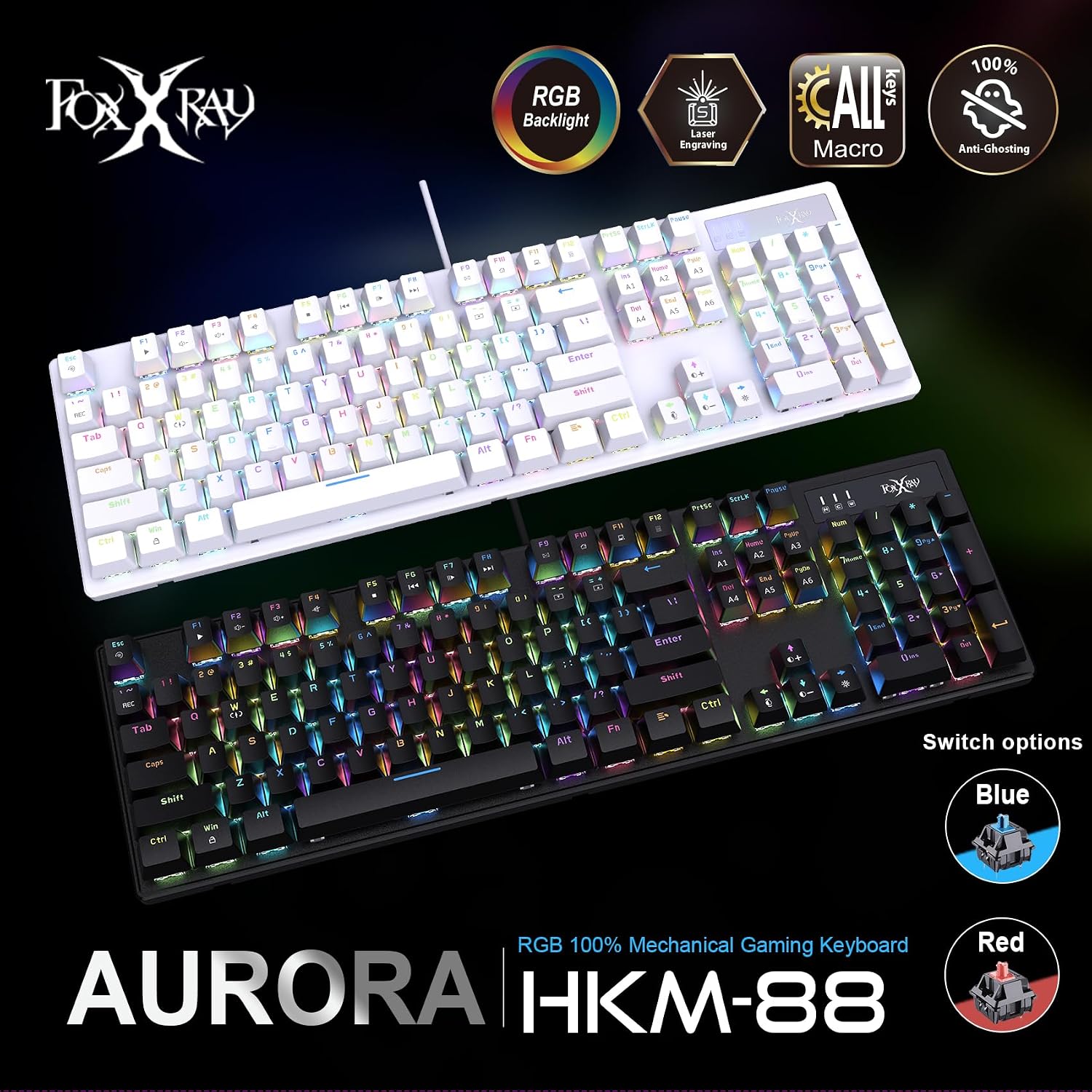 TECLADO MECÁNICO FOXXRAY HKM-88 FULL-SIZE PARA GAMING CON TECLAS PERSONALIZABLES Y RETROILUMINACIÓN RGB - 2