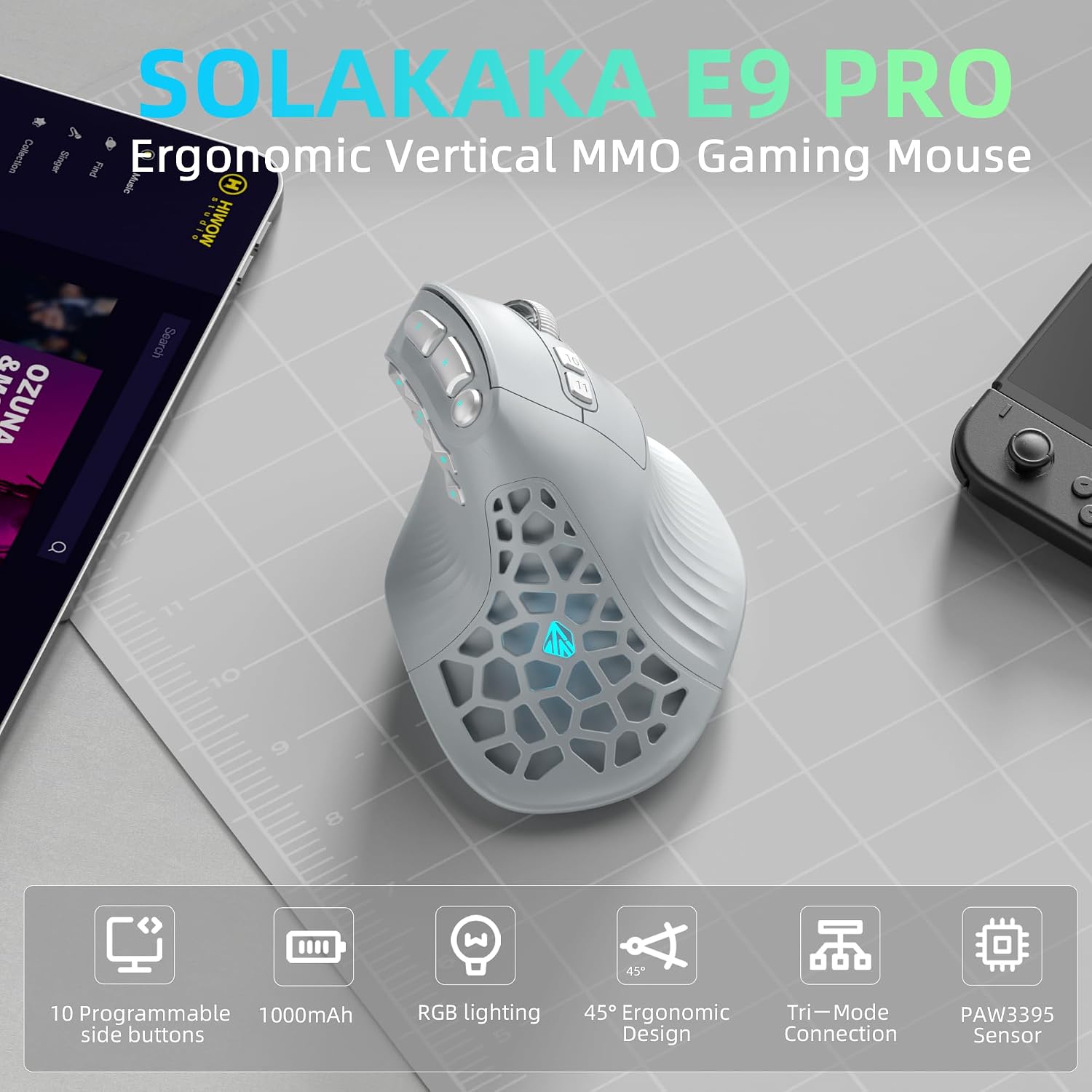 MOUSE ERGONÓMICO VERTICAL SOLAKAKA E9 PRO 8K DONGLE GRIS PLATA - 2