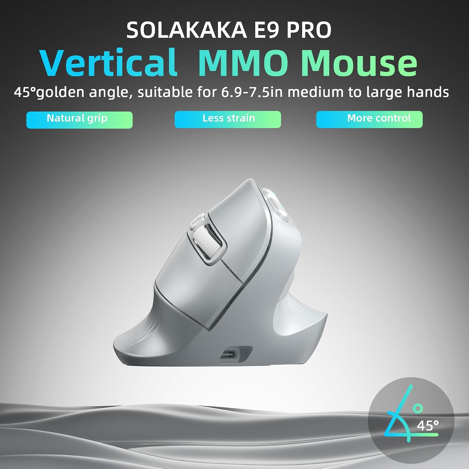 MOUSE ERGONÓMICO VERTICAL SOLAKAKA E9 PRO 8K DONGLE GRIS PLATA - 3