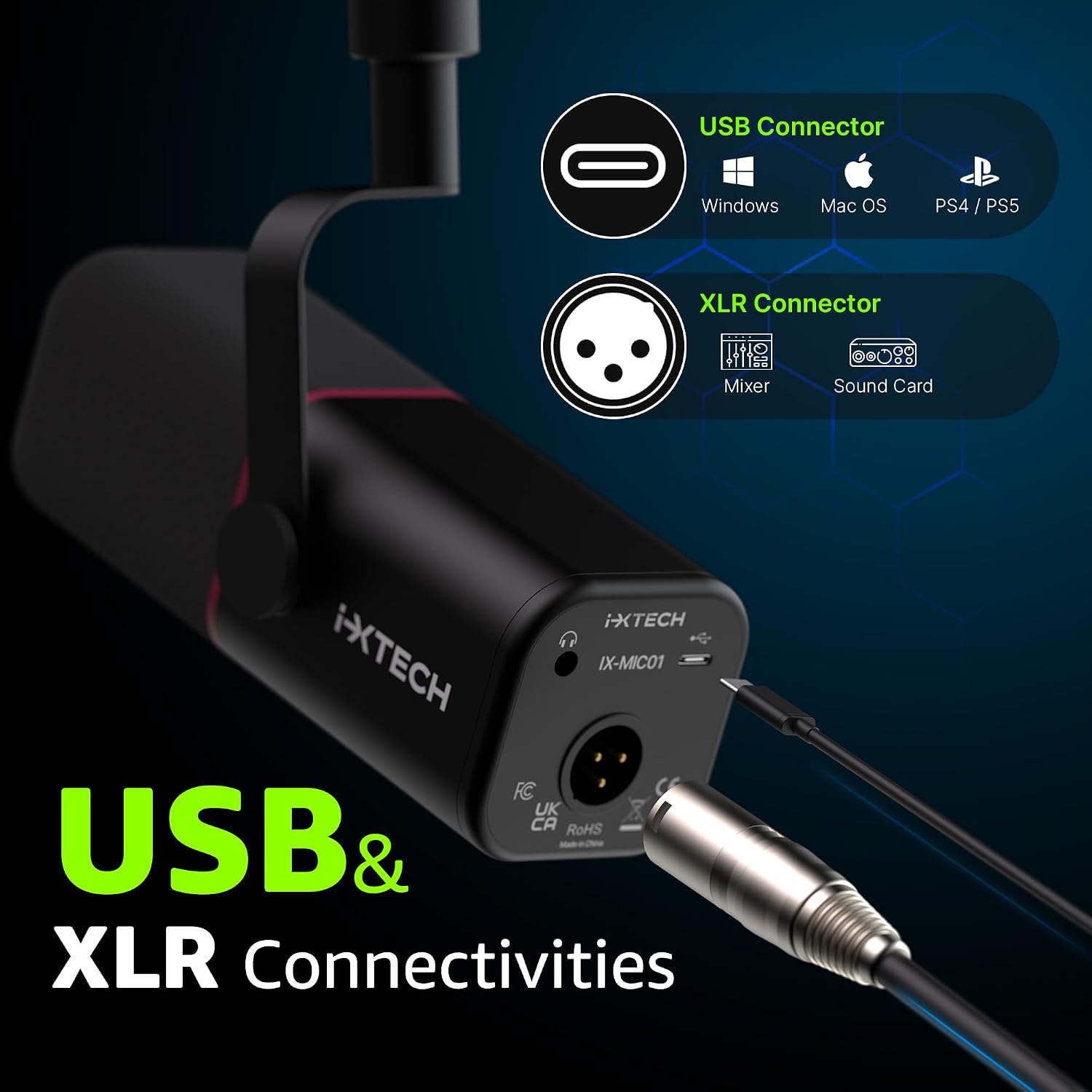 MICRÓFONO DINÁMICO CARDIOIDE IXTECH CON CUBIERTA, USB Y XLR NEGRO - 3