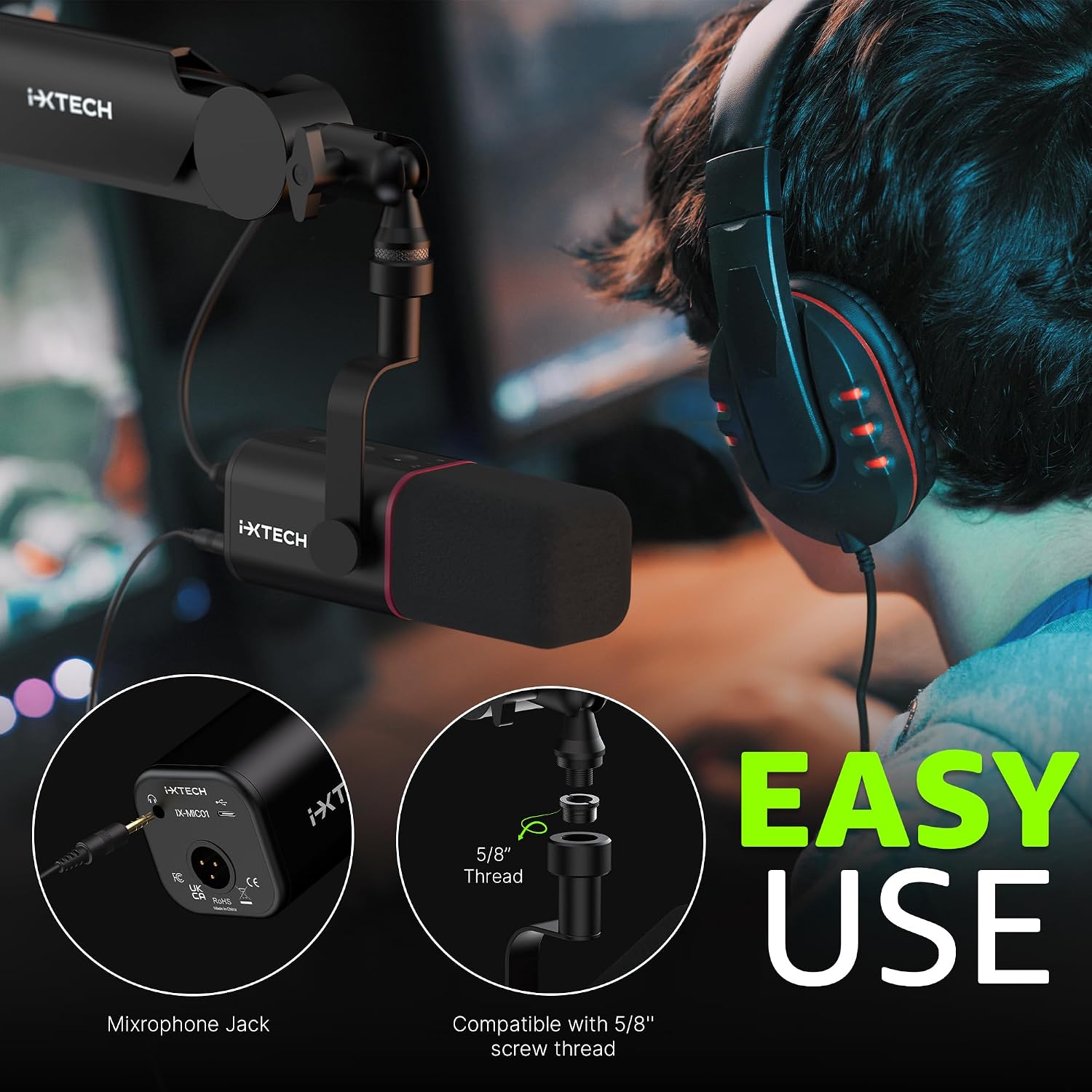 MICRÓFONO DINÁMICO CARDIOIDE IXTECH CON CUBIERTA, USB Y XLR NEGRO - 5