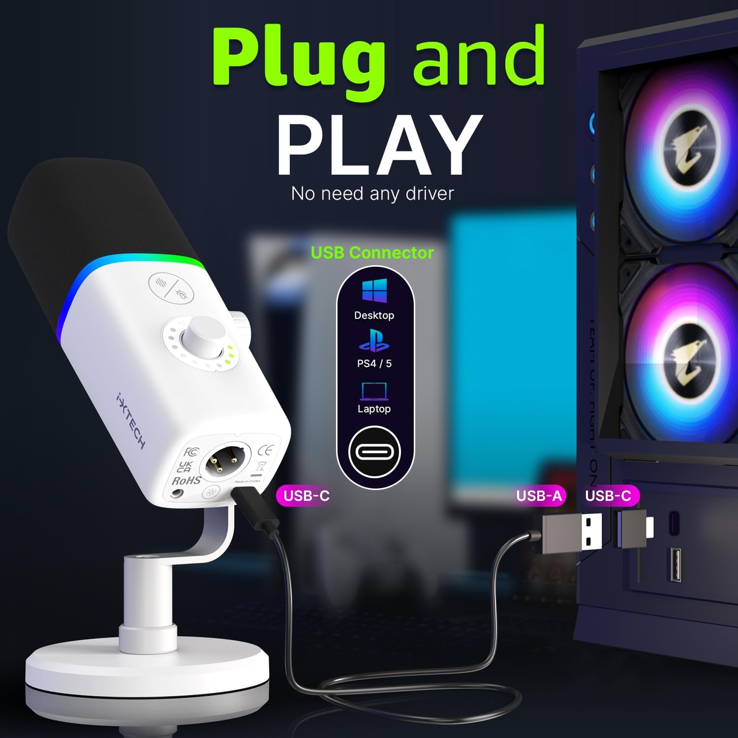 MICRÓFONO USB IXTECH GAMING CON CANCELACIÓN DE RUIDO Y LUCES RGB BLANCO - 5