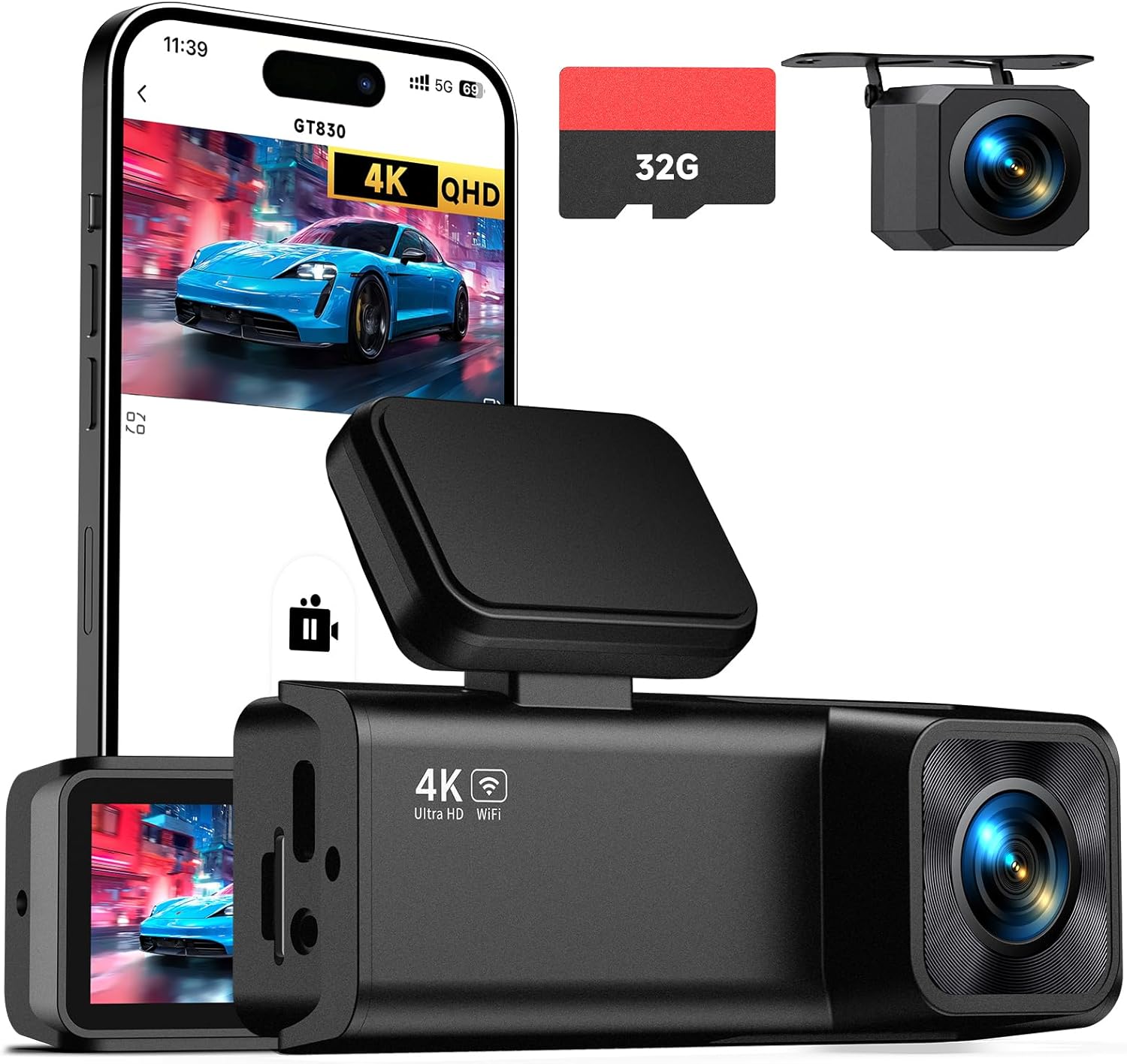 CÁMARA PARA AUTO E-YEEGER DASH CAM FRONTAL 4K Y TRASERA 1080P CON TARJETA 32GB INCLUIDA - 1