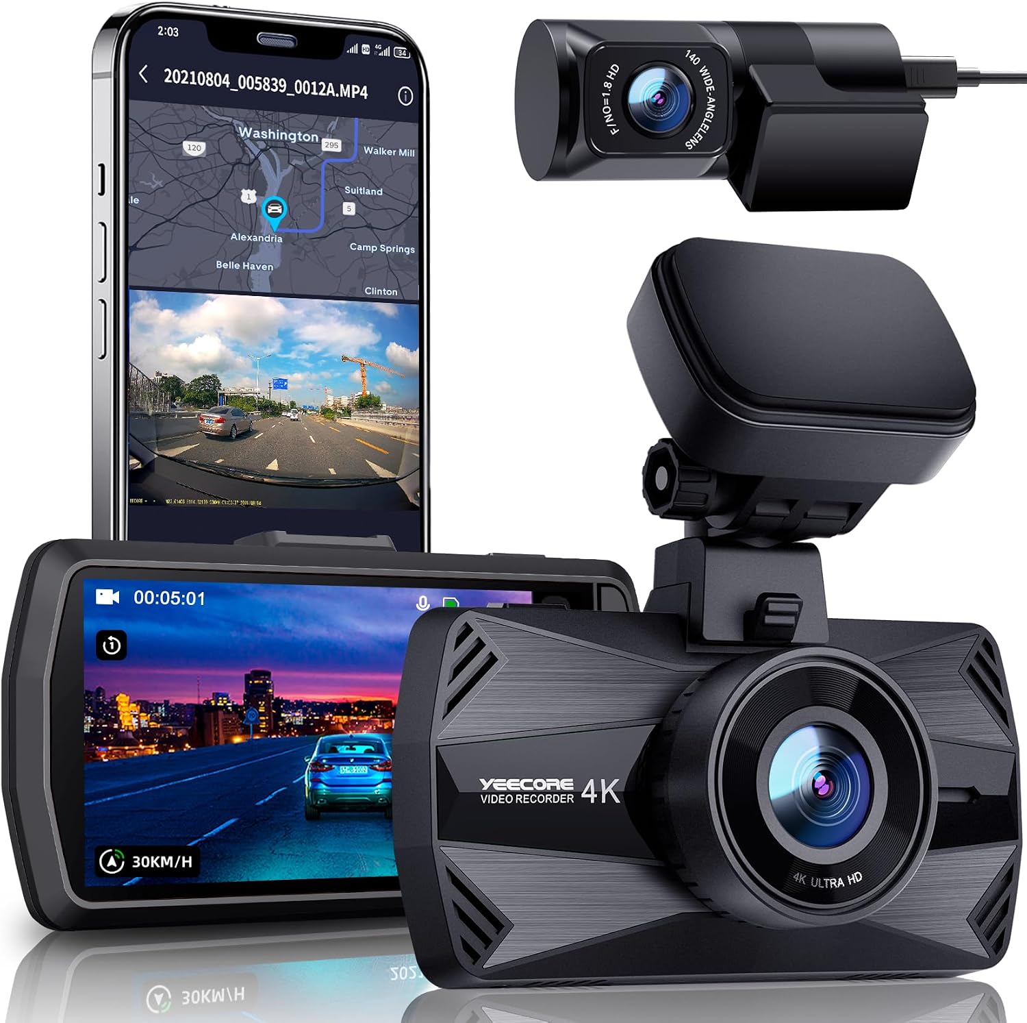 CÁMARA PARA AUTO YEECORE D22 REAL 4K FRONTAL Y TRASERA CON WI-FI 5.8GHZ Y GPS - 1