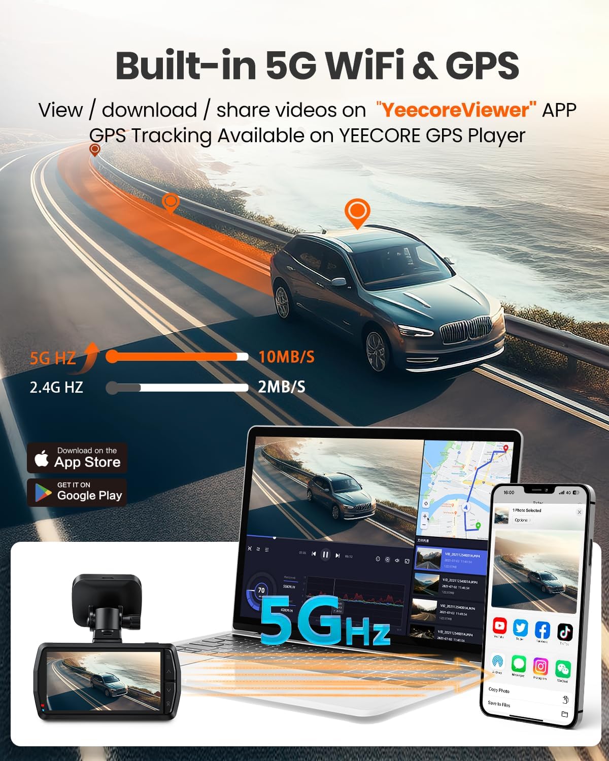 CÁMARA PARA AUTO YEECORE D22 REAL 4K FRONTAL Y TRASERA CON WI-FI 5.8GHZ Y GPS - 4
