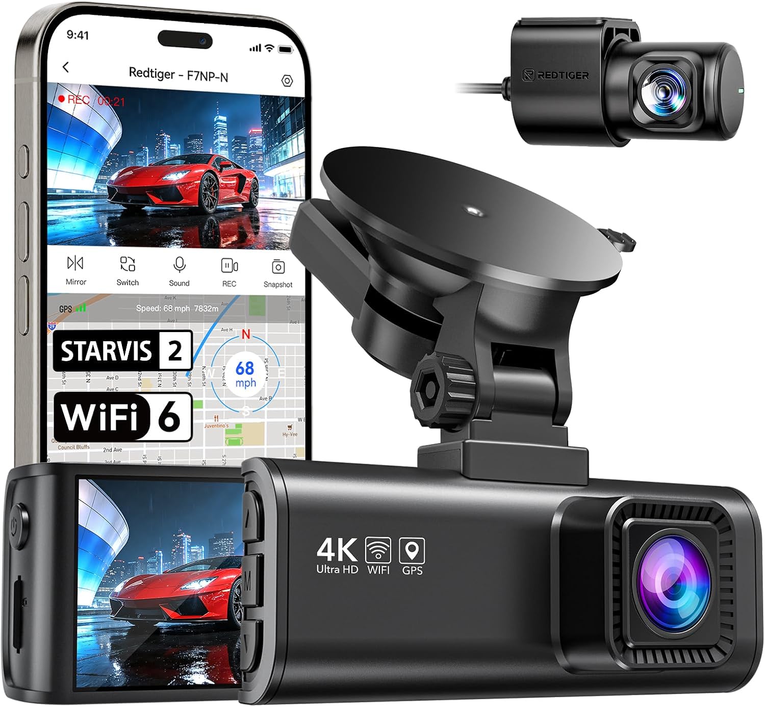 CÁMARA PARA AUTO REDTIGER DASH CAM 4K FRONTAL Y 1080P TRASERA CON SENSOR STARVIS 2 Y WIFI 5.8GHZ - 1