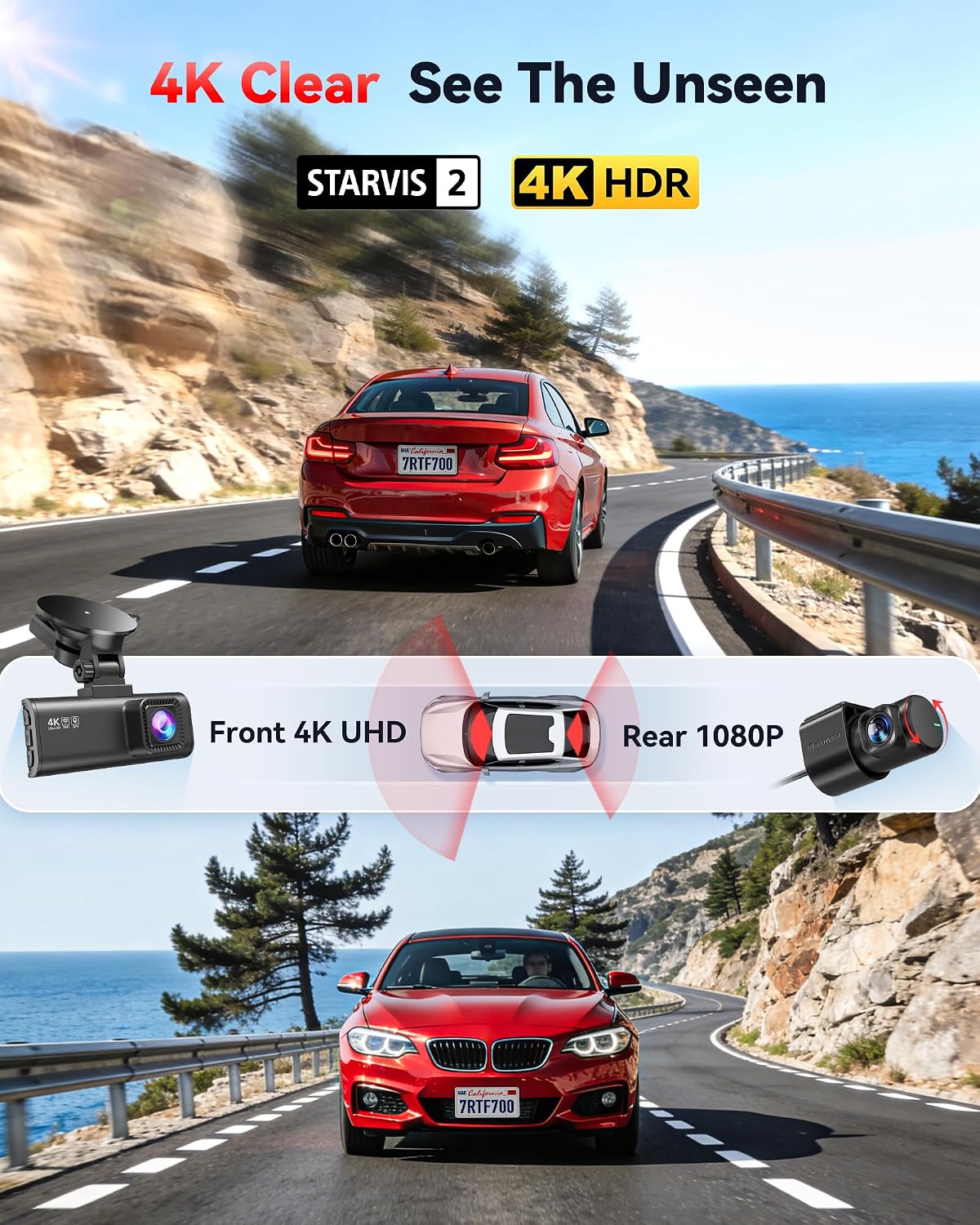 CÁMARA PARA AUTO REDTIGER DASH CAM 4K FRONTAL Y 1080P TRASERA CON SENSOR STARVIS 2 Y WIFI 5.8GHZ - 2