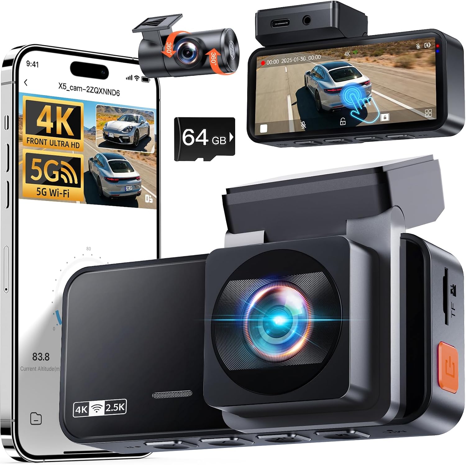 CÁMARA PARA AUTO WINAIL X5 DUAL DASH CAM 4K FRONTAL Y 2.5K TRASERA CON TARJETA 64GB - 1