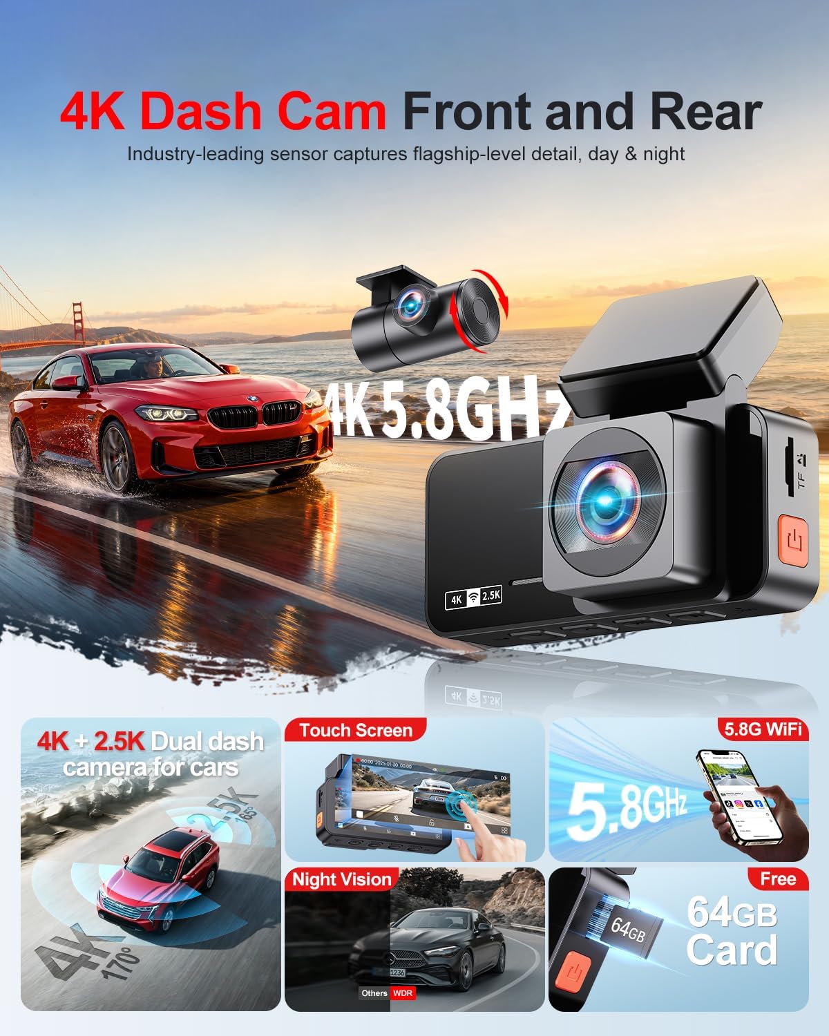 CÁMARA PARA AUTO WINAIL X5 DUAL DASH CAM 4K FRONTAL Y 2.5K TRASERA CON TARJETA 64GB - 2