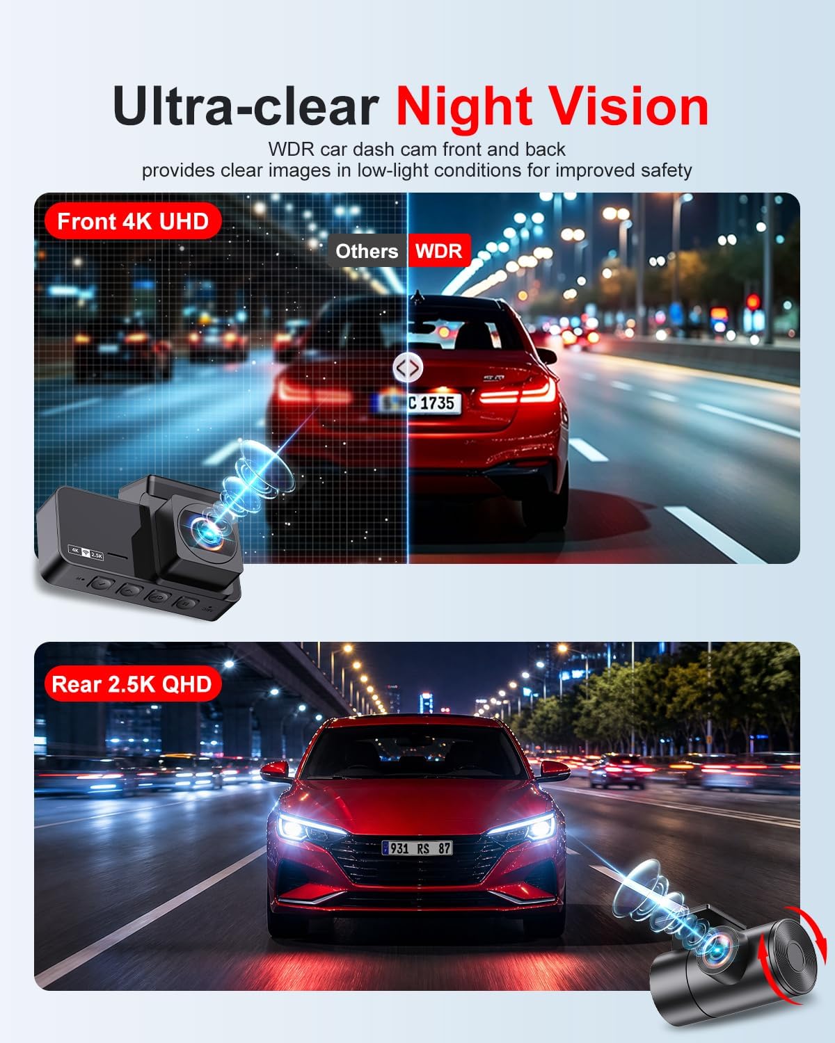 CÁMARA PARA AUTO WINAIL X5 DUAL DASH CAM 4K FRONTAL Y 2.5K TRASERA CON TARJETA 64GB - 5