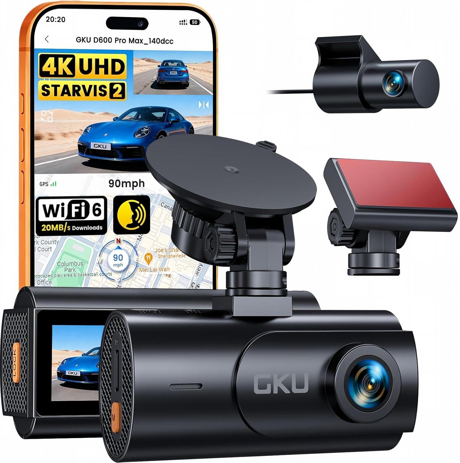 CÁMARA PARA AUTO GKU D600 PRO MAX 4K FRONTAL Y 1080P TRASERA CON SENSOR STARVIS 2 - 1