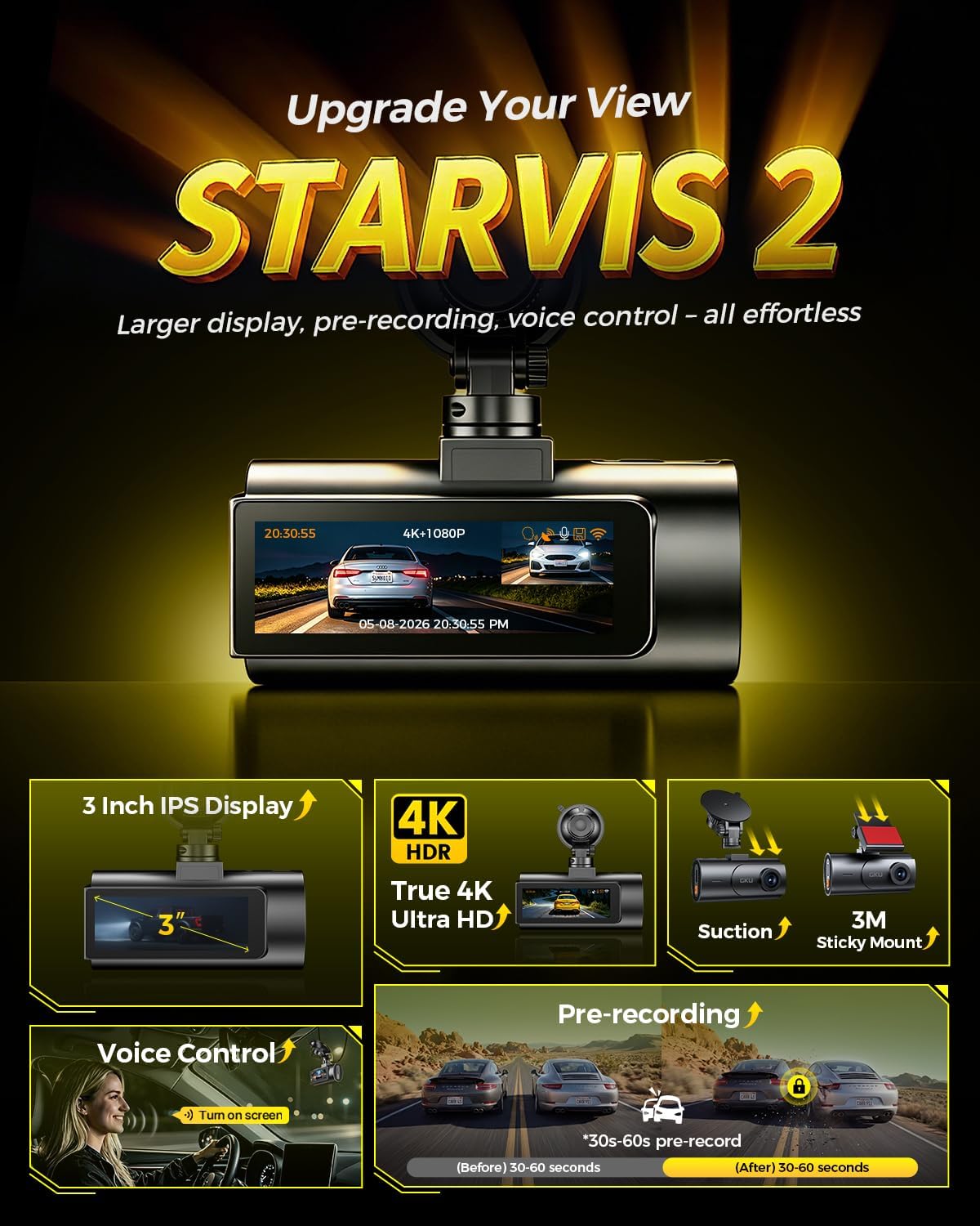 CÁMARA PARA AUTO GKU D600 PRO MAX 4K FRONTAL Y 1080P TRASERA CON SENSOR STARVIS 2 - 2