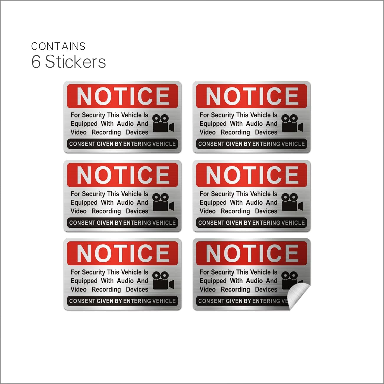 SET DE 6 STICKERS PARA VEHÍCULO LEMBANG AVISO DE GRABACIÓN AUDIO Y VIDEO 8.4X5 CM ACERO CEPILLADO - 3