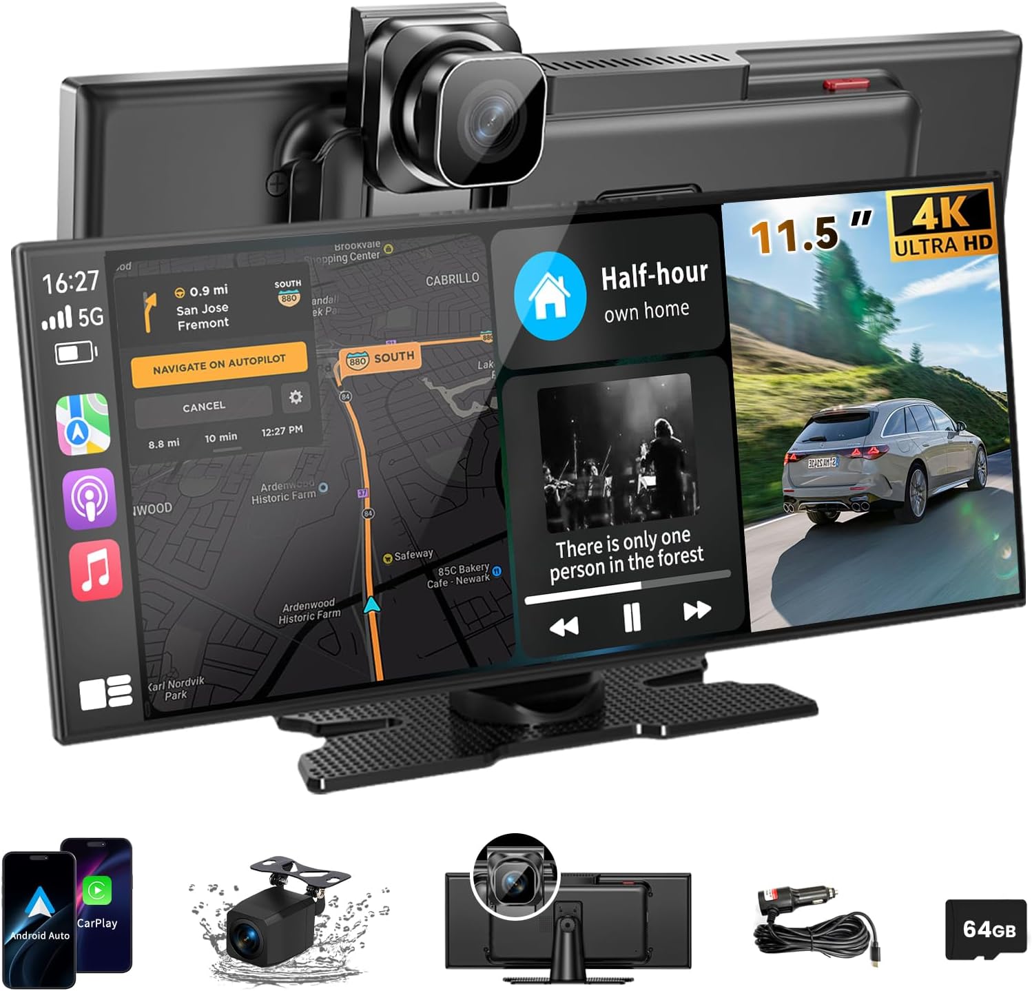PANTALLA INALÁMBRICA CARPLAY 11.5 PULGADAS CON CÁMARA DASH 4K LEADTREE - 1