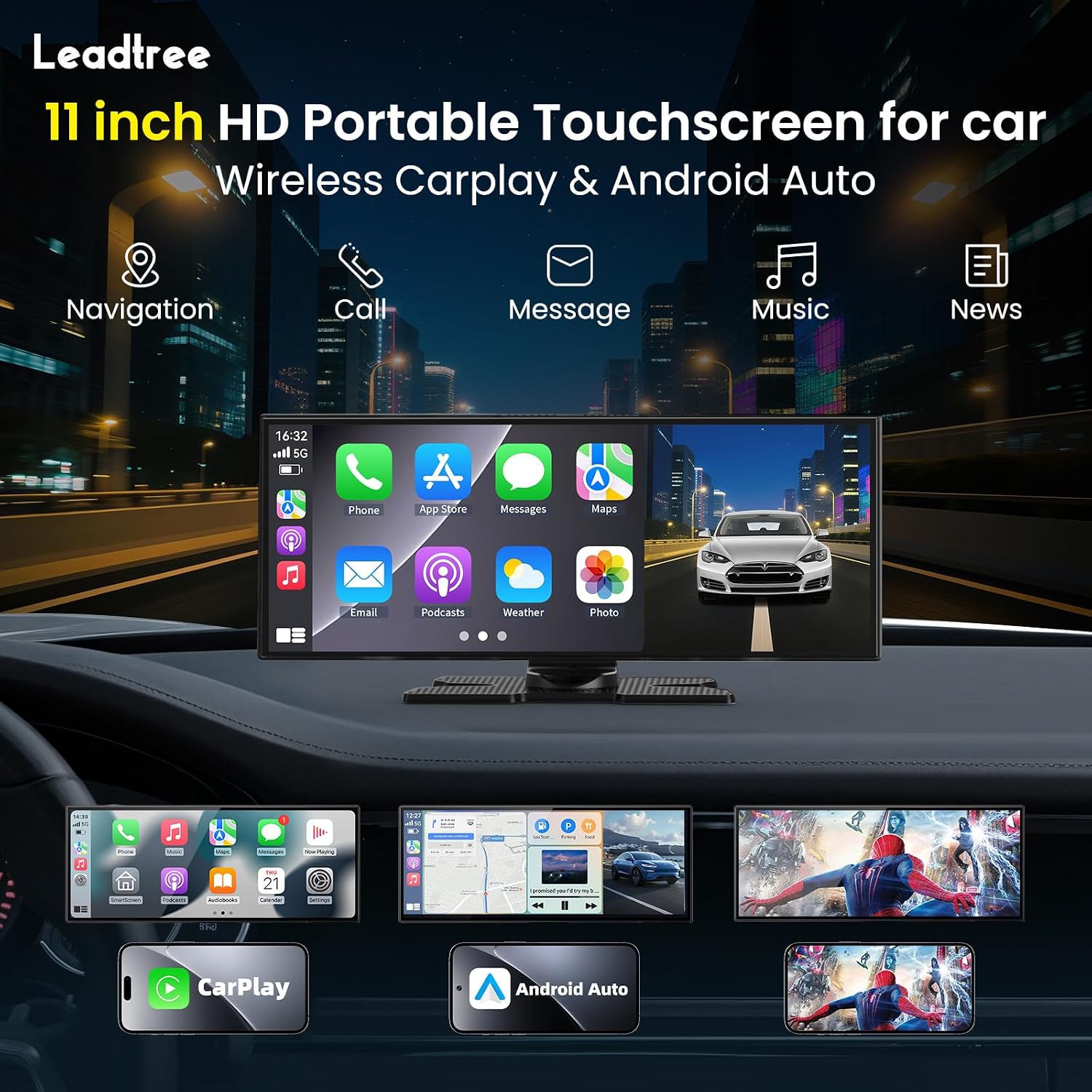 PANTALLA INALÁMBRICA CARPLAY 11.5 PULGADAS CON CÁMARA DASH 4K LEADTREE - 2