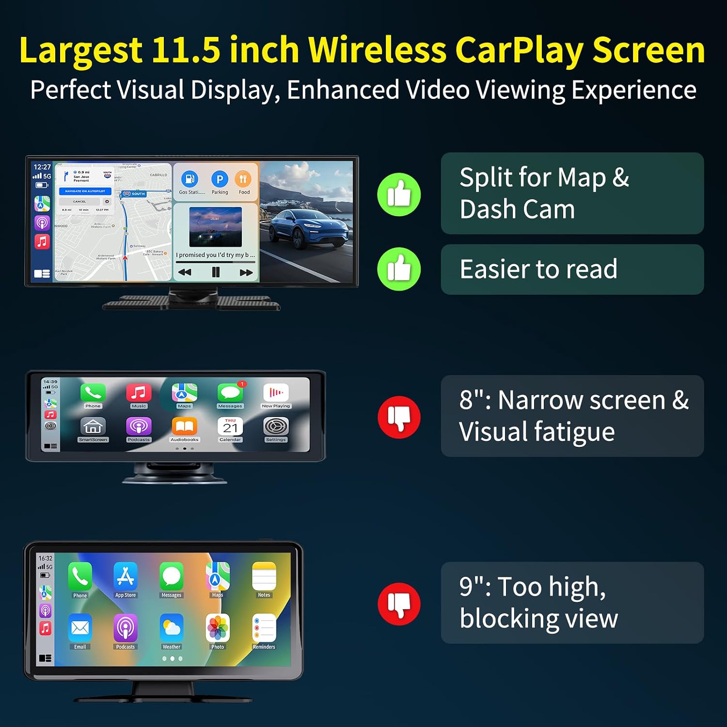 PANTALLA INALÁMBRICA CARPLAY 11.5 PULGADAS CON CÁMARA DASH 4K LEADTREE - 3