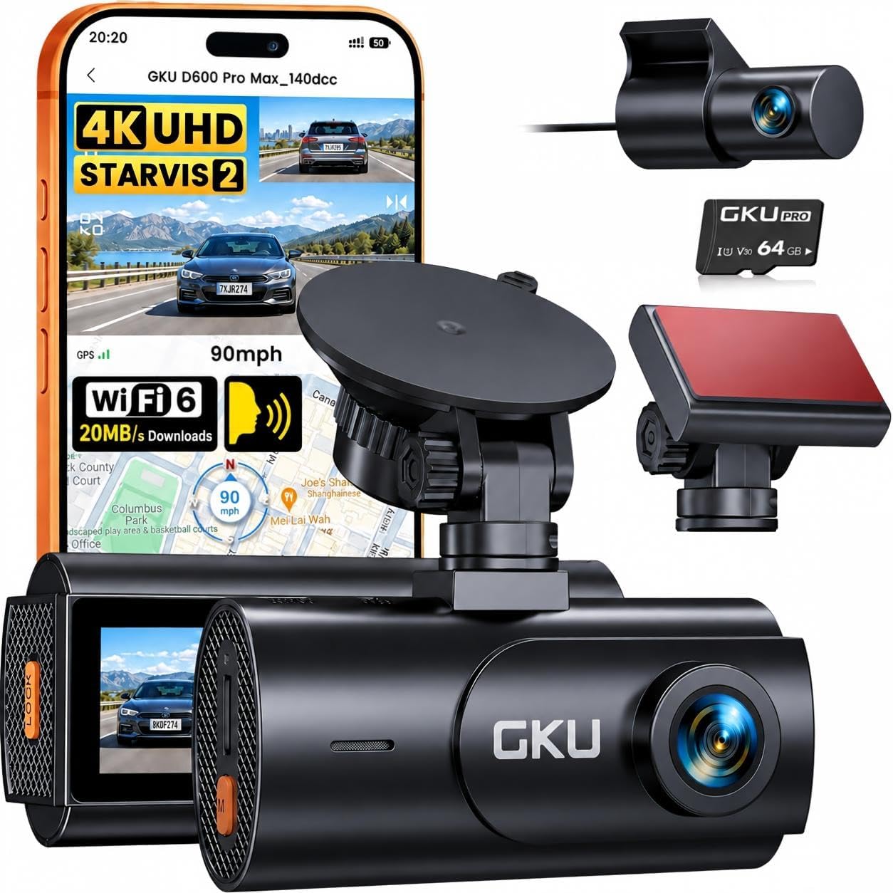 CÁMARA PARA AUTO GKU D600 PRO MAX DUAL 4K FRONTAL Y 1080P TRASERA CON TARJETA 64GB - 1