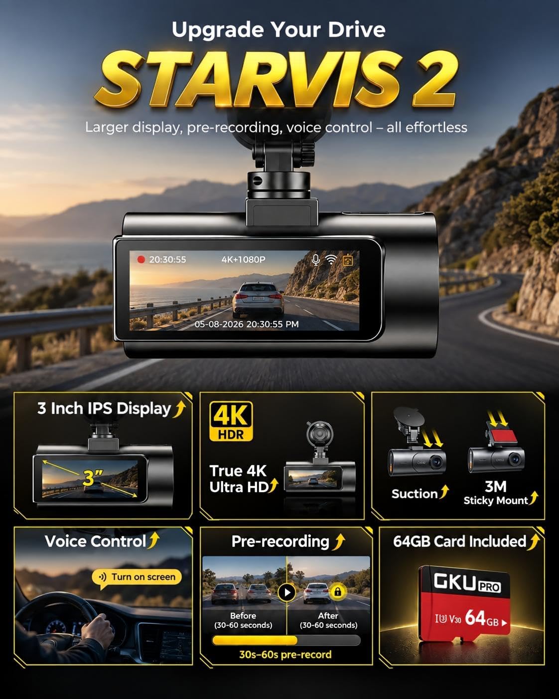 CÁMARA PARA AUTO GKU D600 PRO MAX DUAL 4K FRONTAL Y 1080P TRASERA CON TARJETA 64GB - 2